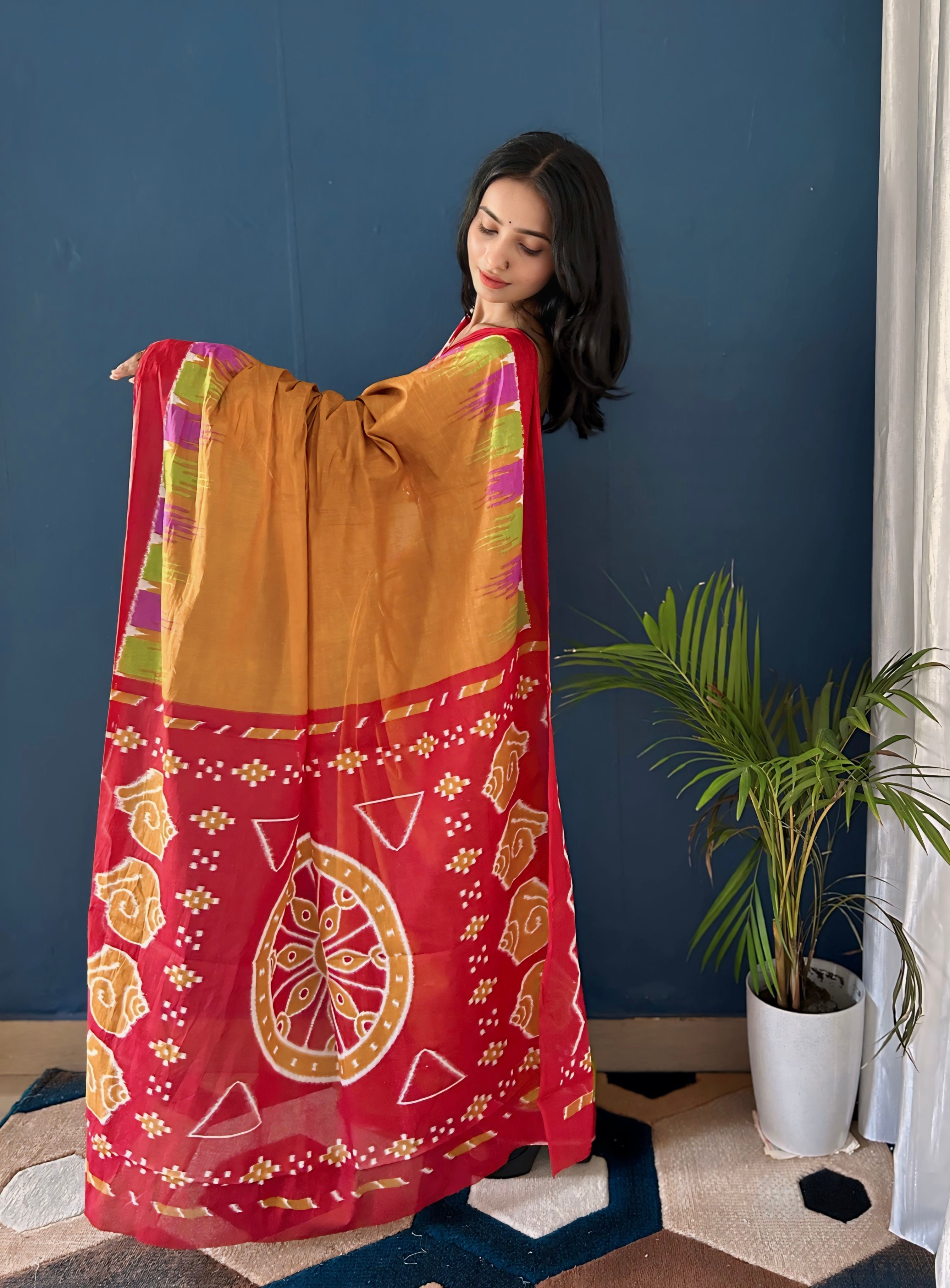 Beautiful Printed Soft Pure Cotton Saree With Unstitched Blouse.