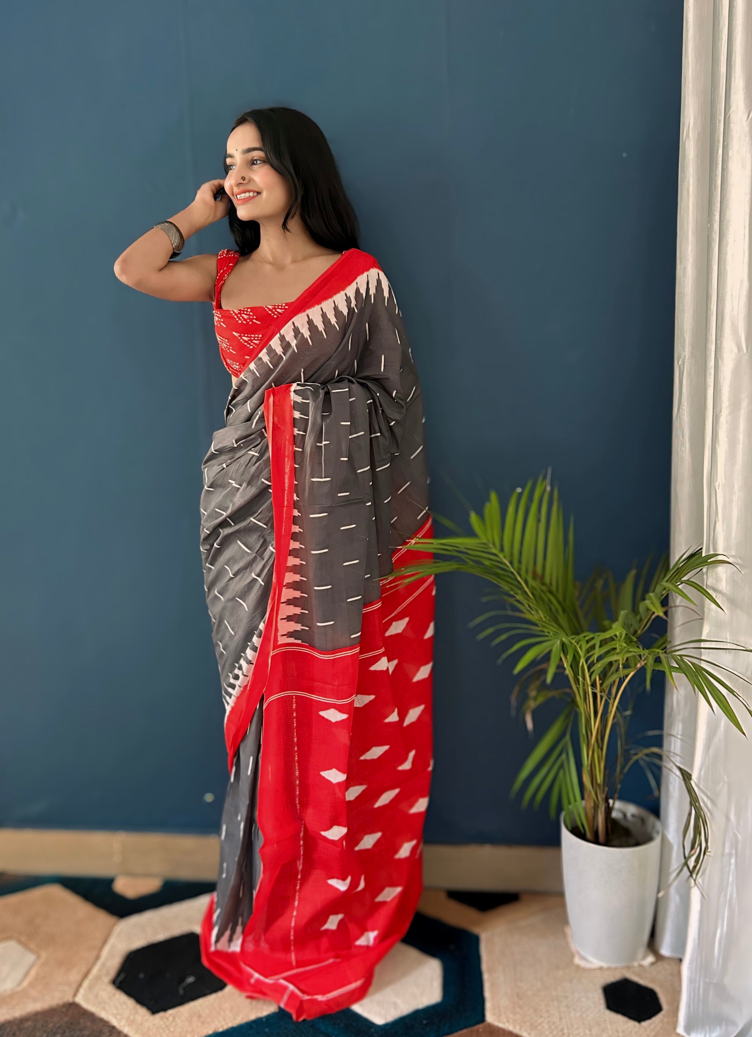 Beautiful Printed Soft Pure Cotton Saree With Unstitched Blouse.