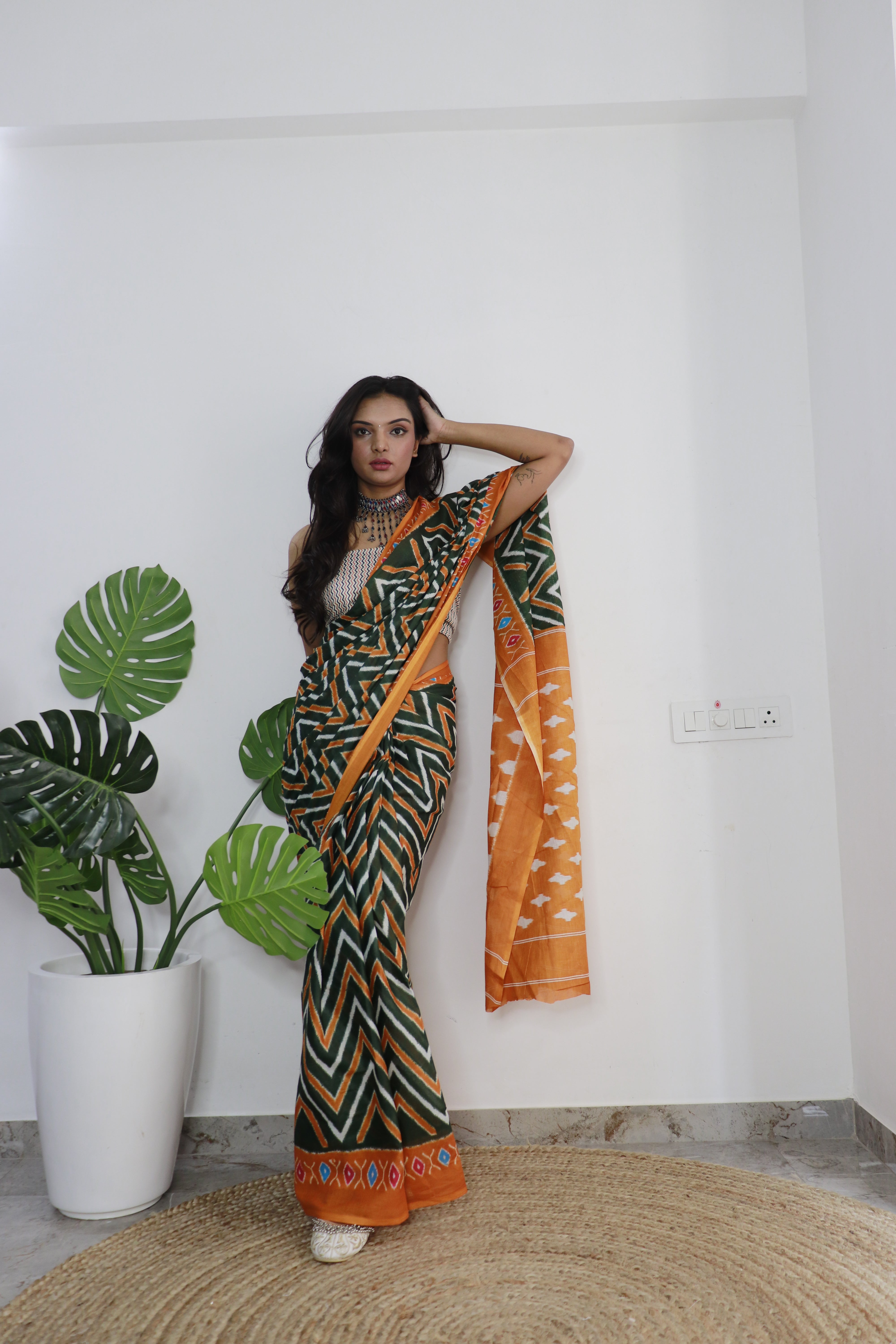 Orange Printed 100% Soft Pure Cotton Saree With Unstitched Blouse.