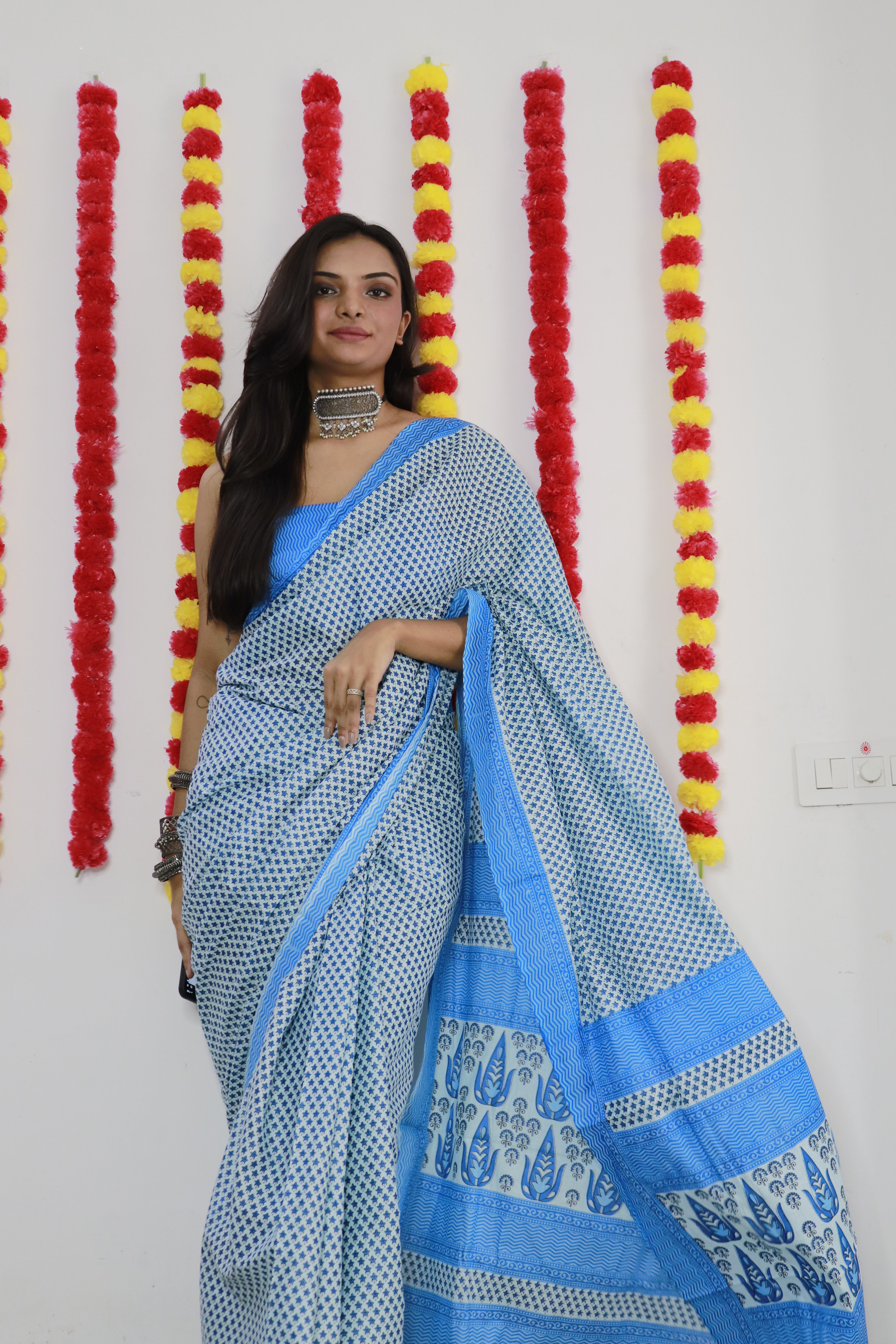 Printed Soft Pure Cotton Saree With Unstitched Blouse.