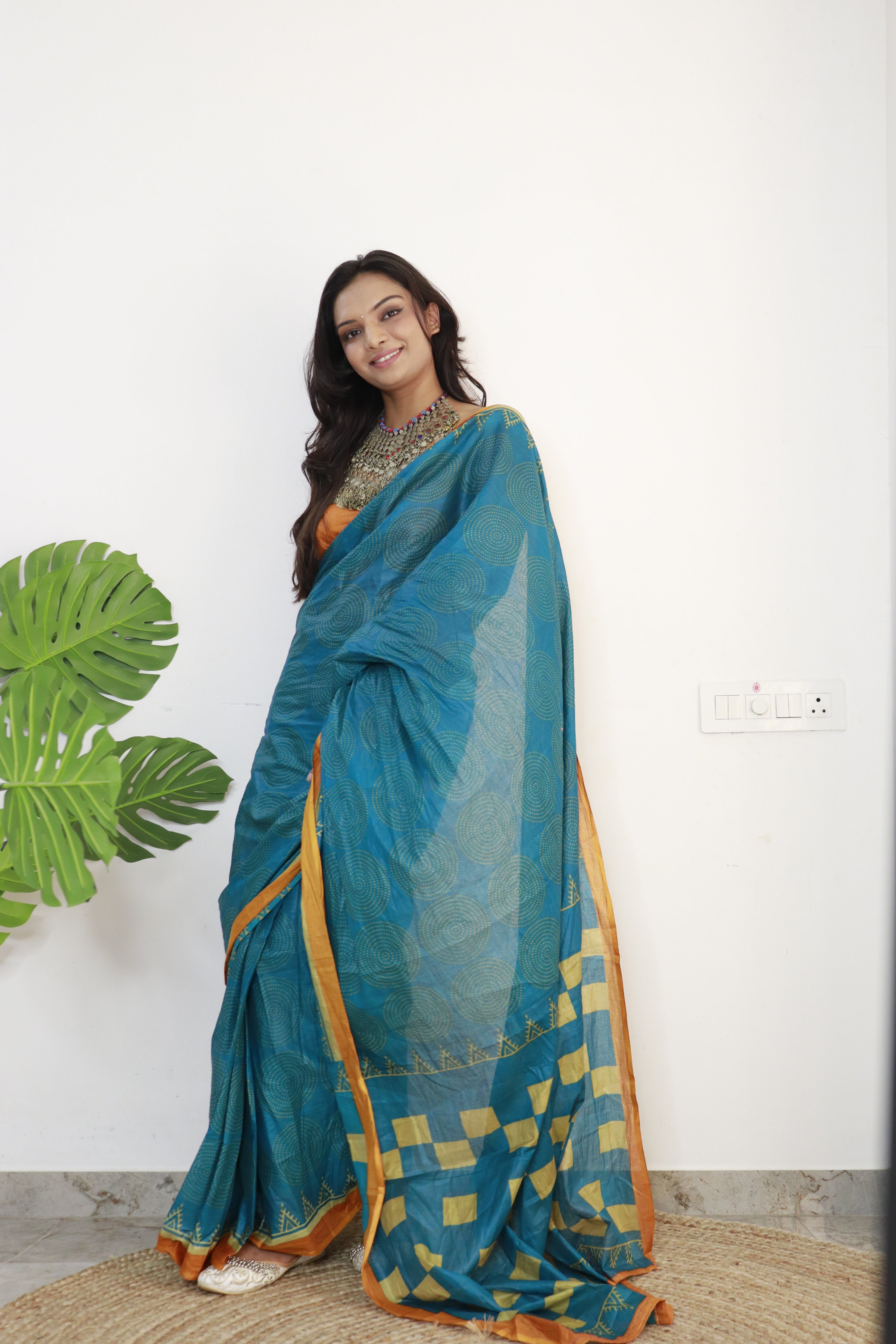 Rama Printed 100% Soft Pure Cotton Saree With Unstitched Blouse.