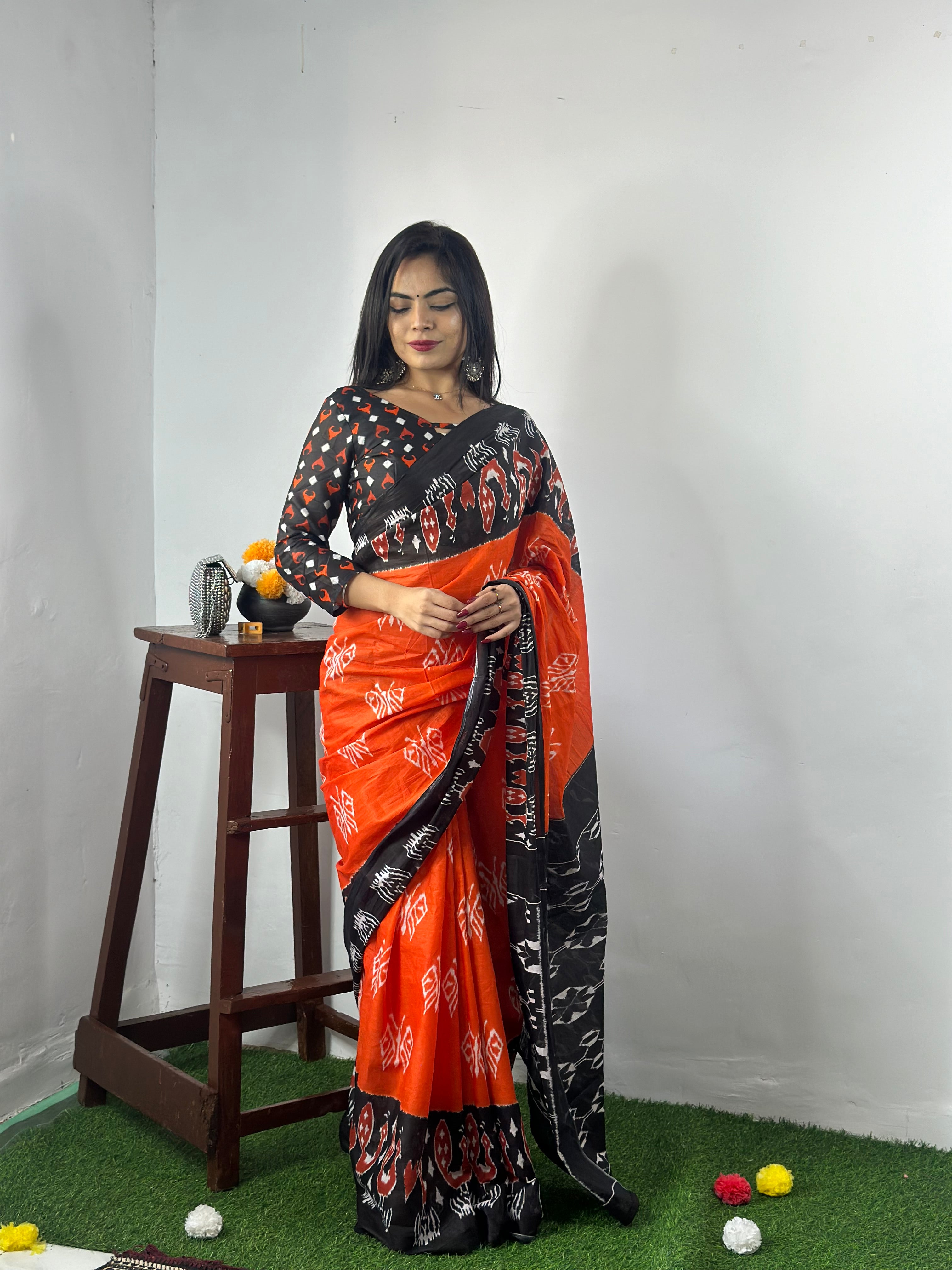 Beautiful Printed Soft Pure Cotton Saree With Unstitched Blouse.