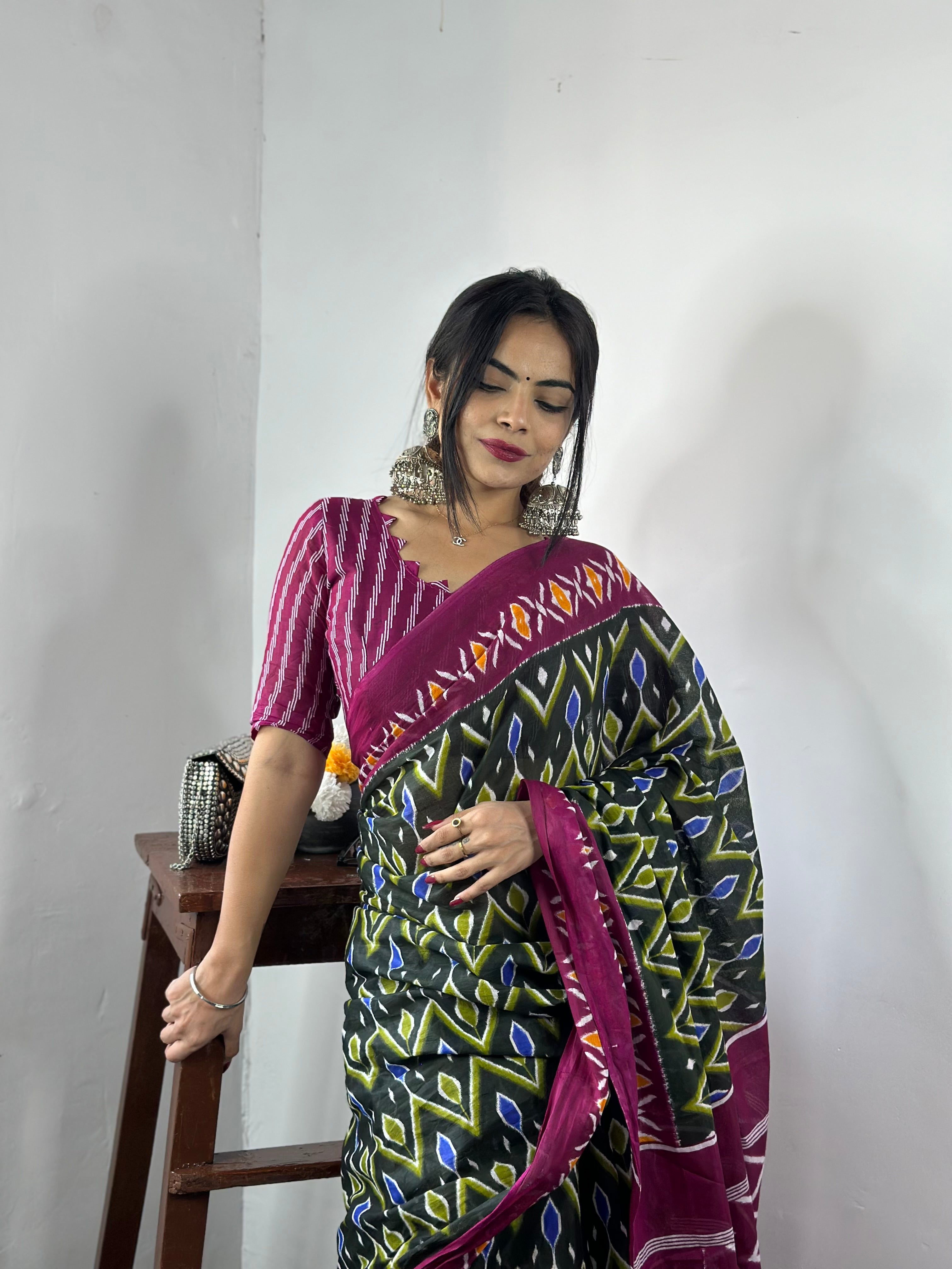 Beautiful Printed Soft Pure Cotton Saree With Unstitched Blouse.