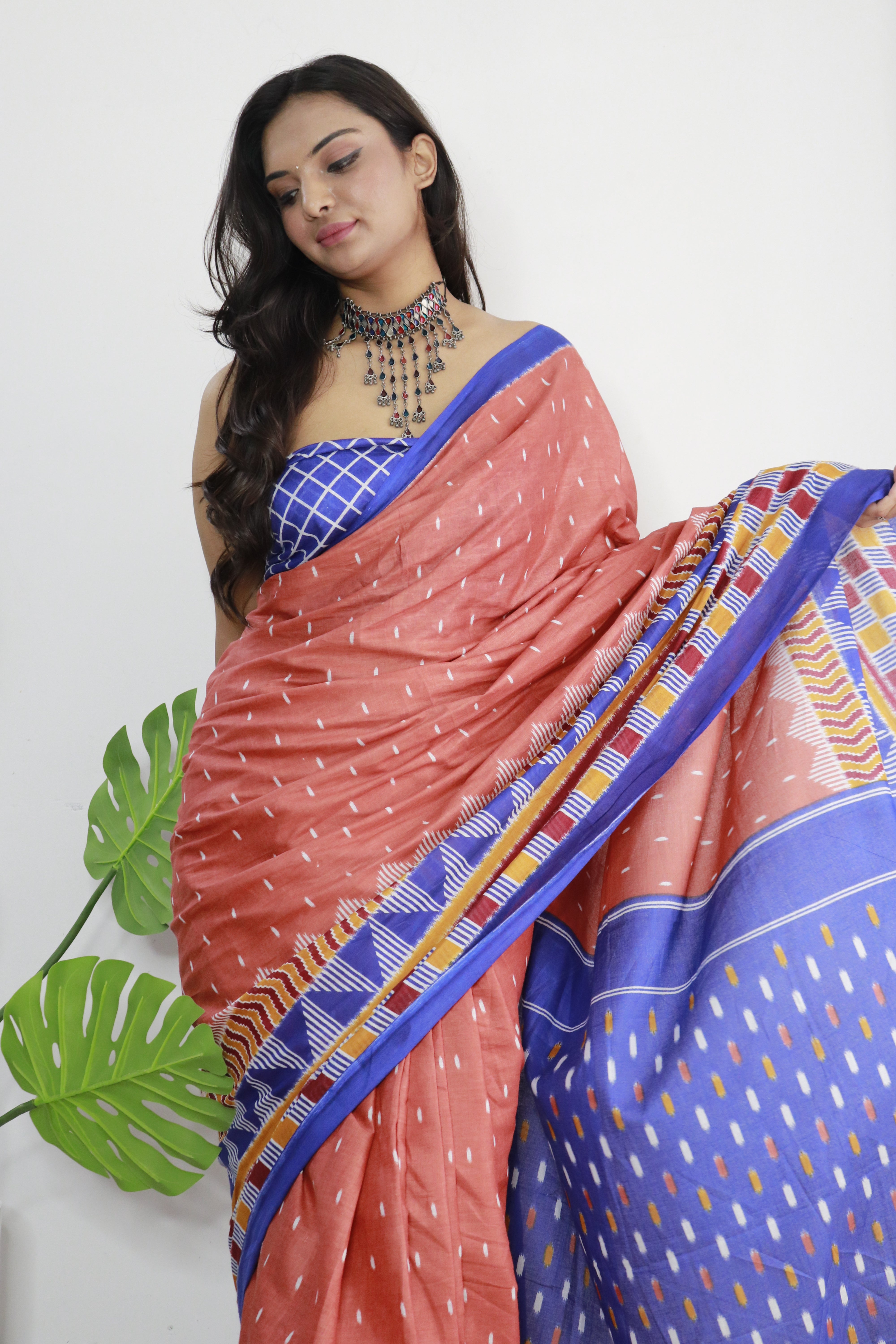 Blue Printed 100% Soft Pure Cotton Saree With Unstitched Blouse.