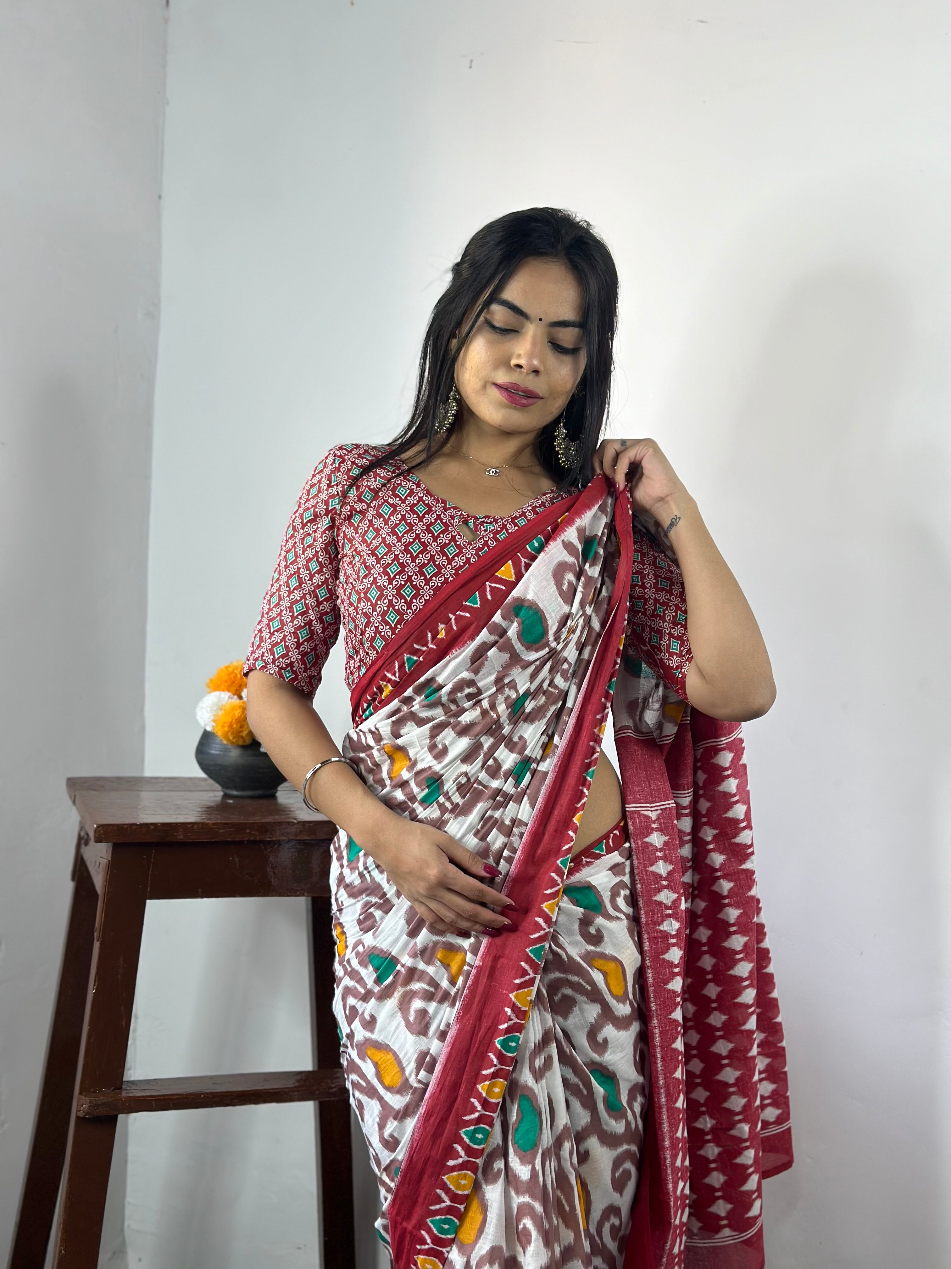 Beautiful Printed Soft Pure Cotton Saree With Unstitched Blouse.