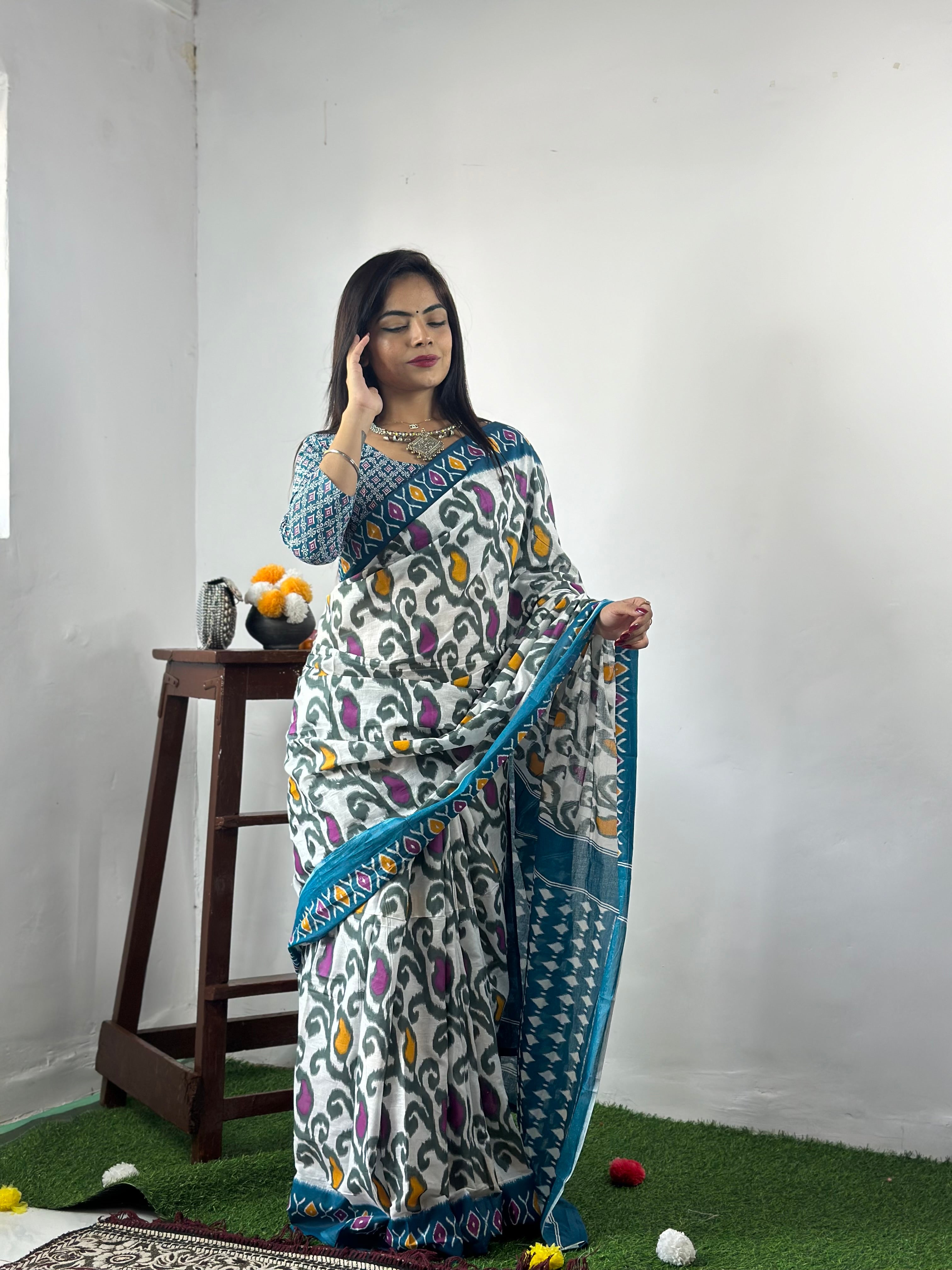 Beautiful Printed Soft Pure Cotton Saree With Unstitched Blouse.