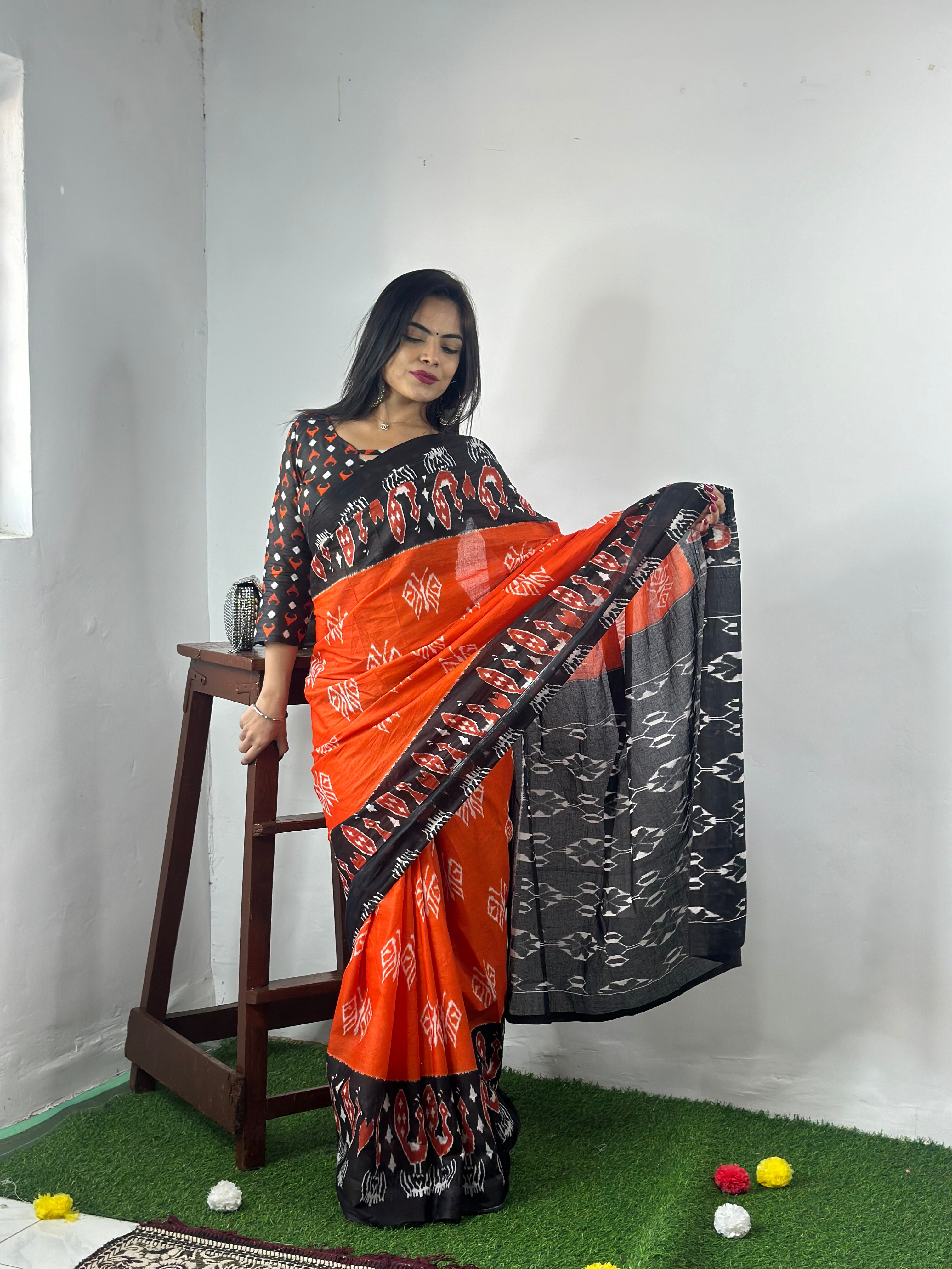 Beautiful Printed Soft Pure Cotton Saree With Unstitched Blouse.