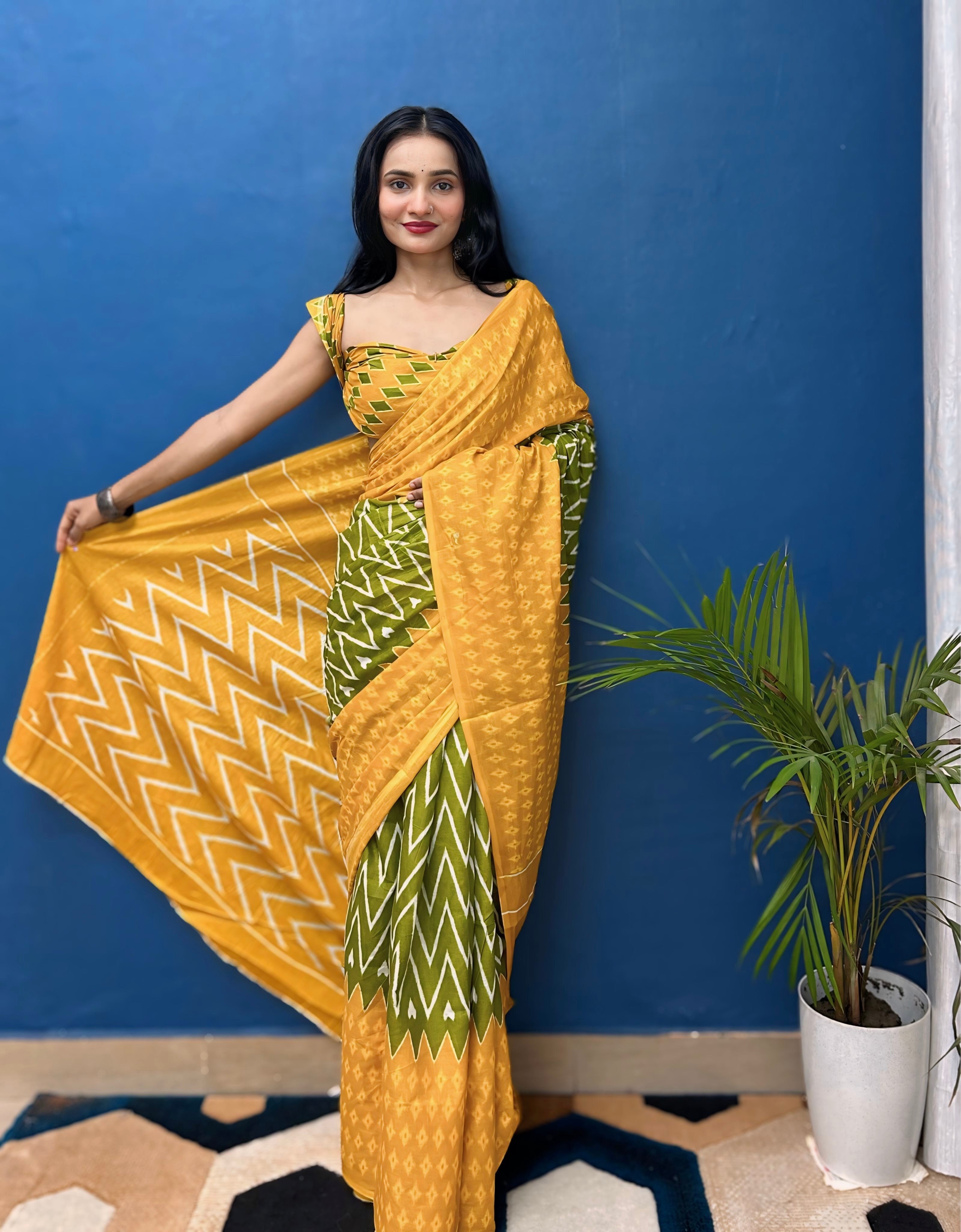 Beautiful Printed Soft Pure Cotton Saree With Unstitched Blouse.