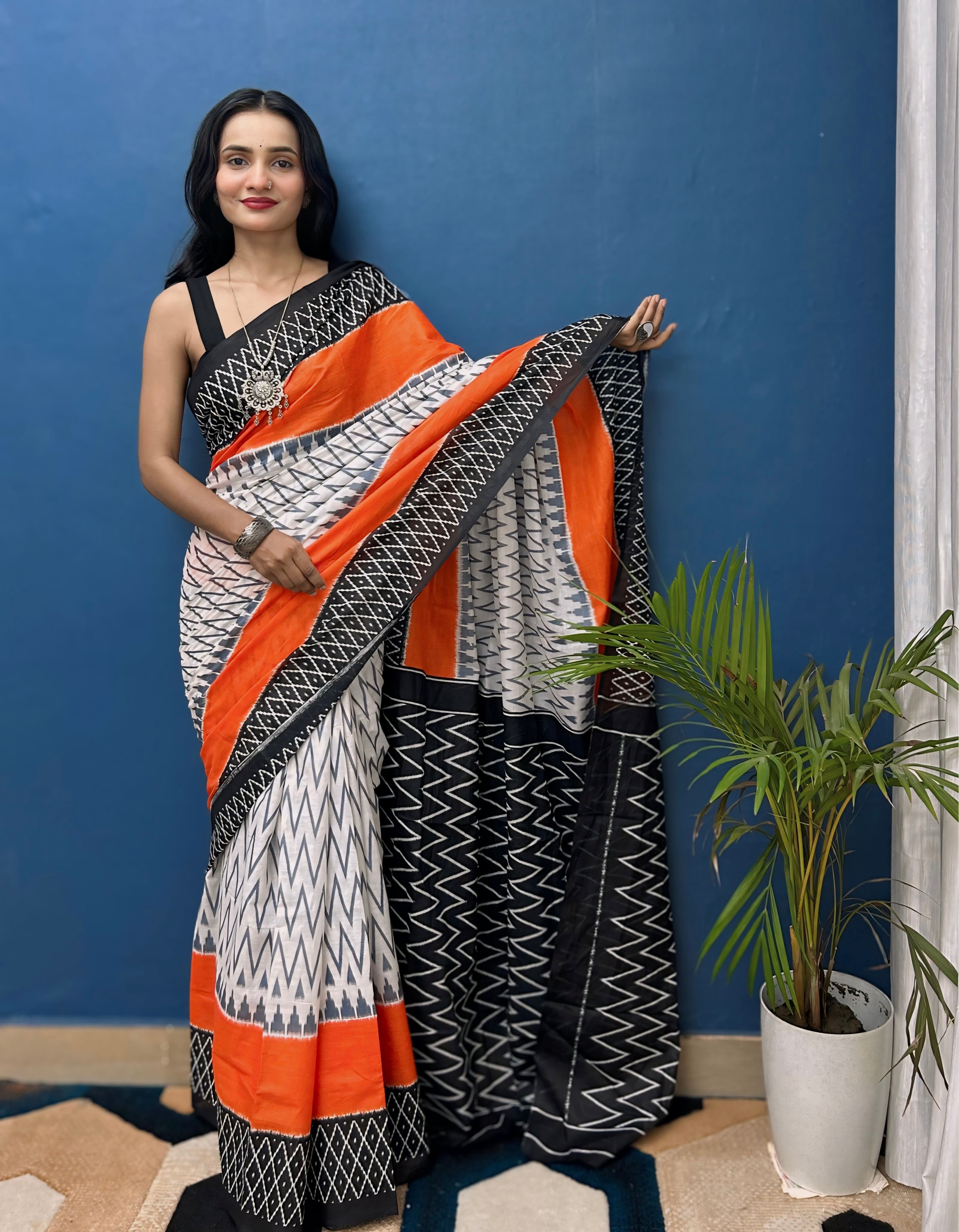 Beautiful Printed Soft Pure Cotton Saree With Unstitched Blouse.