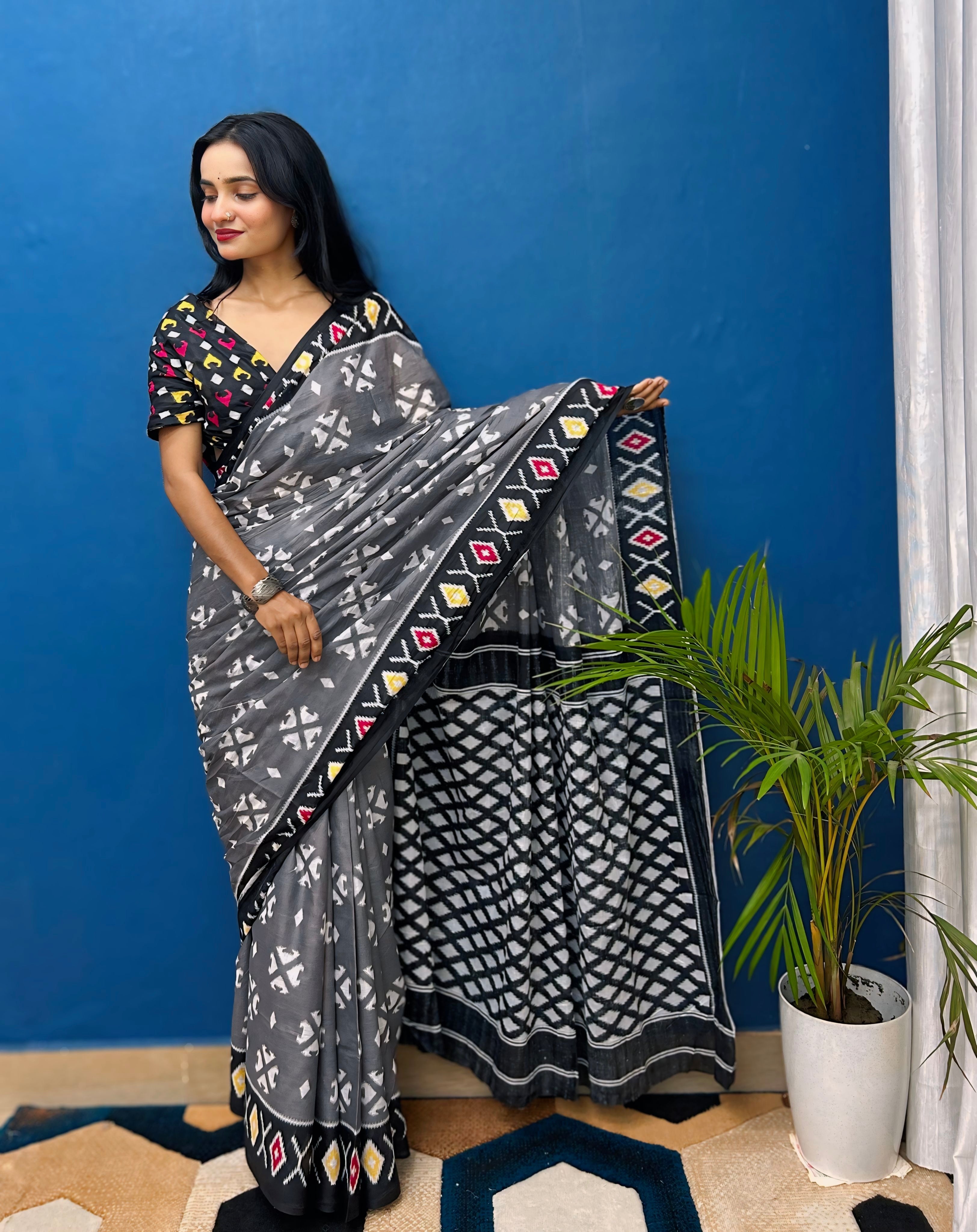 Beautiful Printed Soft Pure Cotton Saree With Unstitched Blouse.