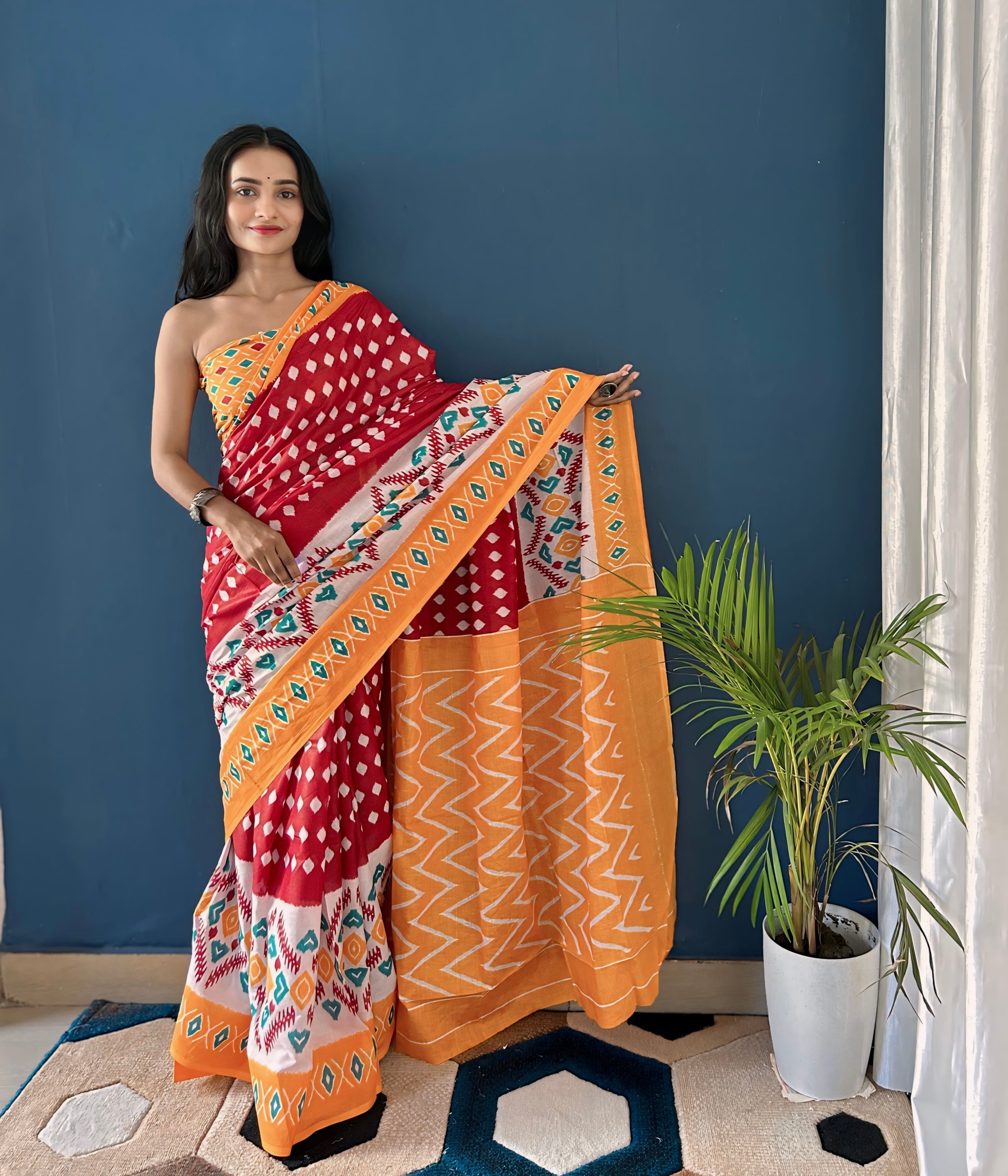 Beautiful Printed Soft Pure Cotton Saree With Unstitched Blouse.