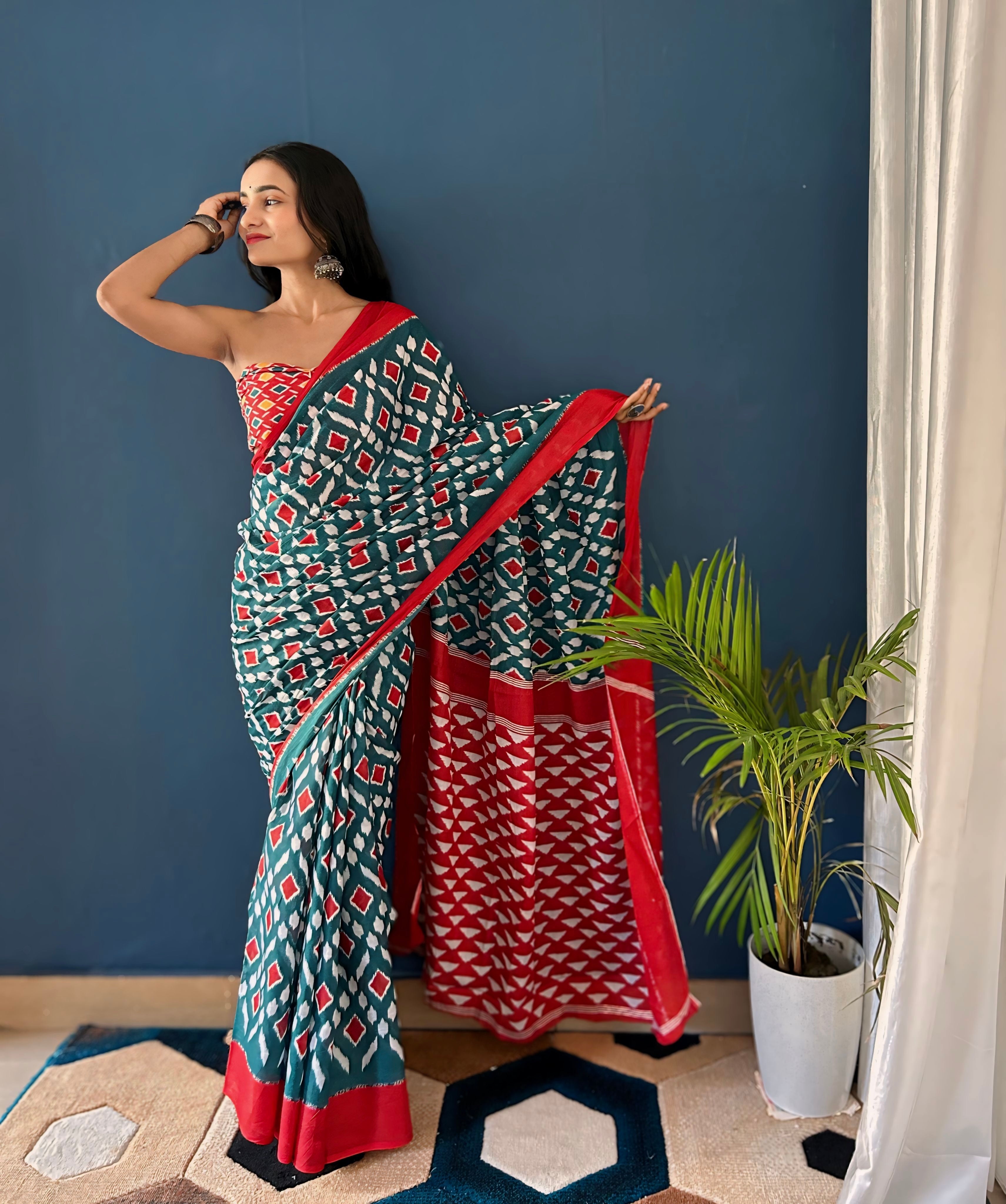 Beautiful Printed Soft Pure Cotton Saree With Unstitched Blouse.