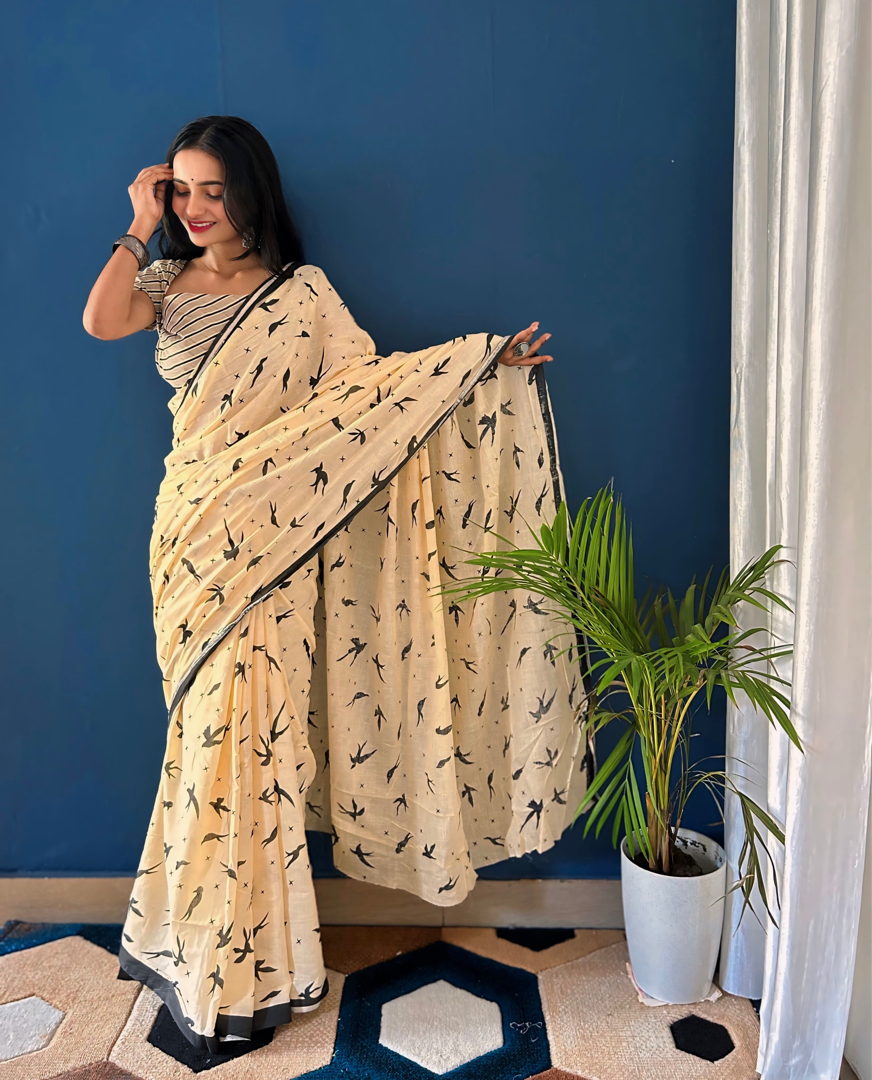 Beautiful Printed Soft Pure Cotton Saree With Unstitched Blouse.