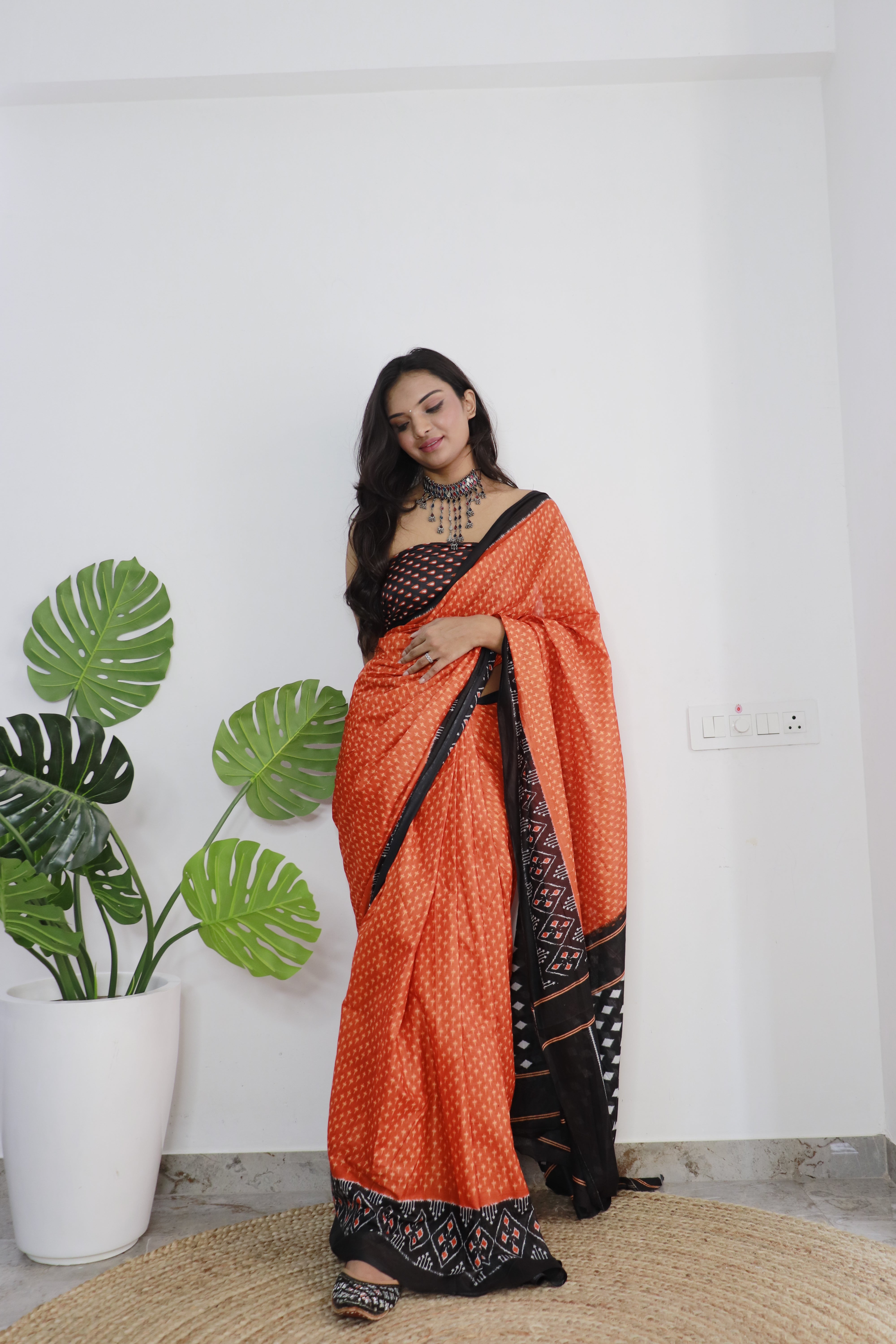 Orange Printed 100% Soft Pure Cotton Saree With Unstitched Blouse.