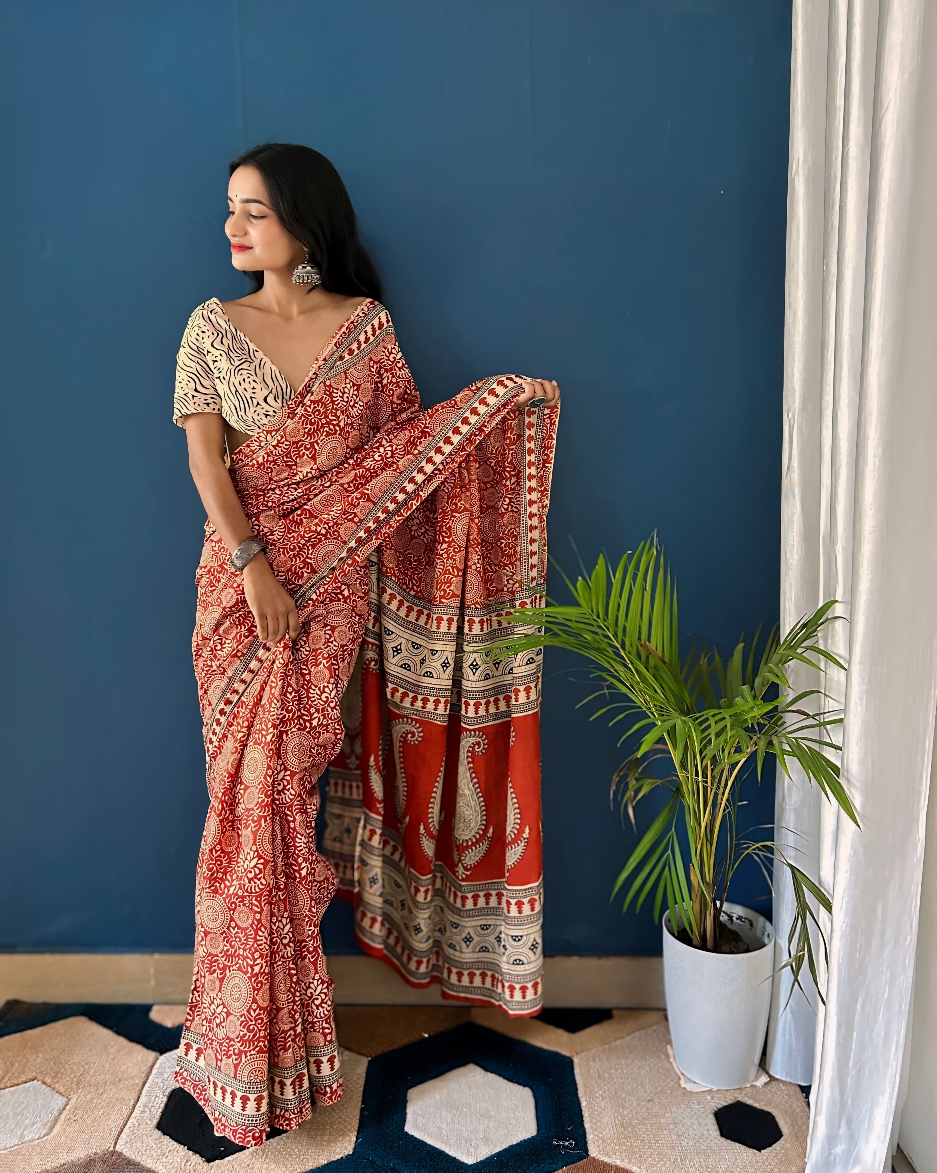 Beautiful Printed Soft Pure Cotton Saree With Unstitched Blouse.