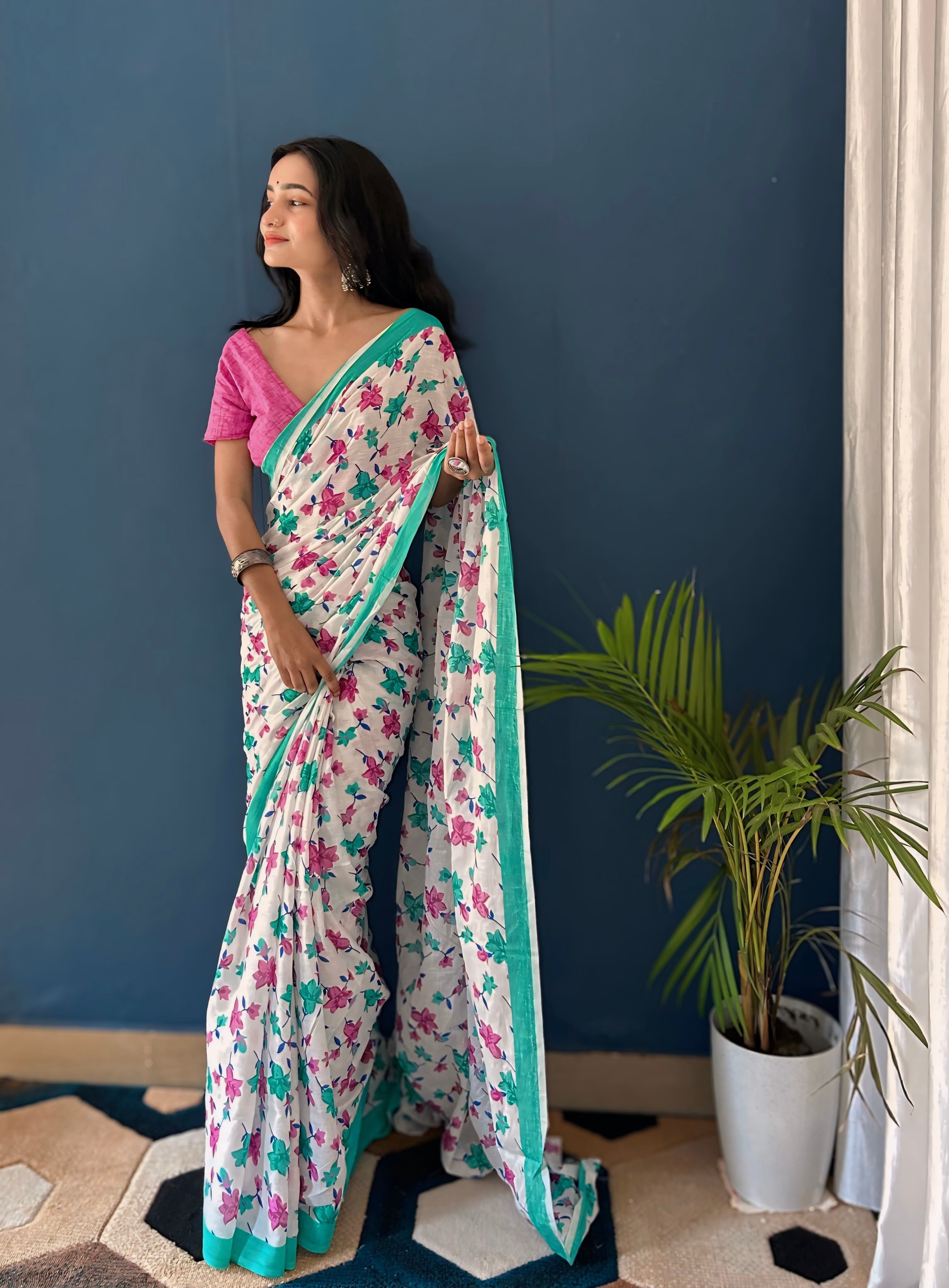 Beautiful Printed Soft Pure Cotton Saree With Unstitched Blouse.