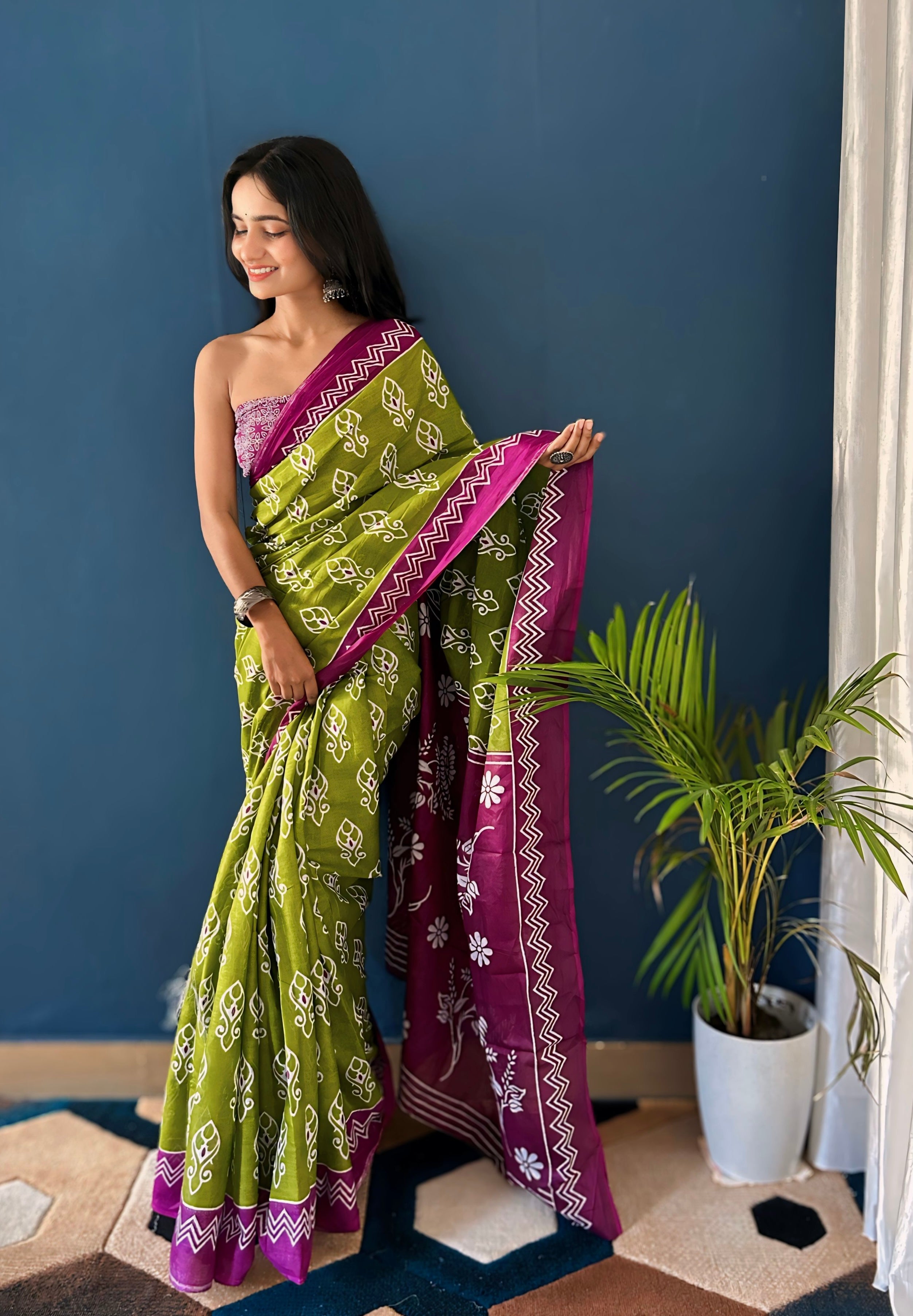 Beautiful Printed Soft Pure Cotton Saree With Unstitched Blouse.