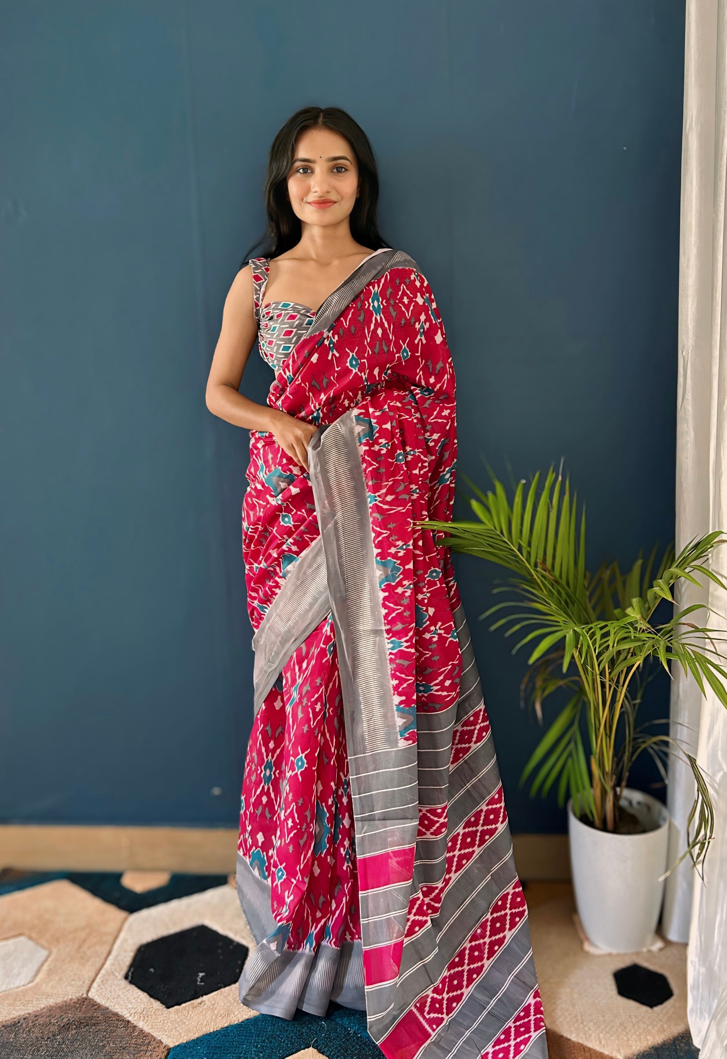 Beautiful Printed Soft Pure Cotton Saree With Unstitched Blouse.