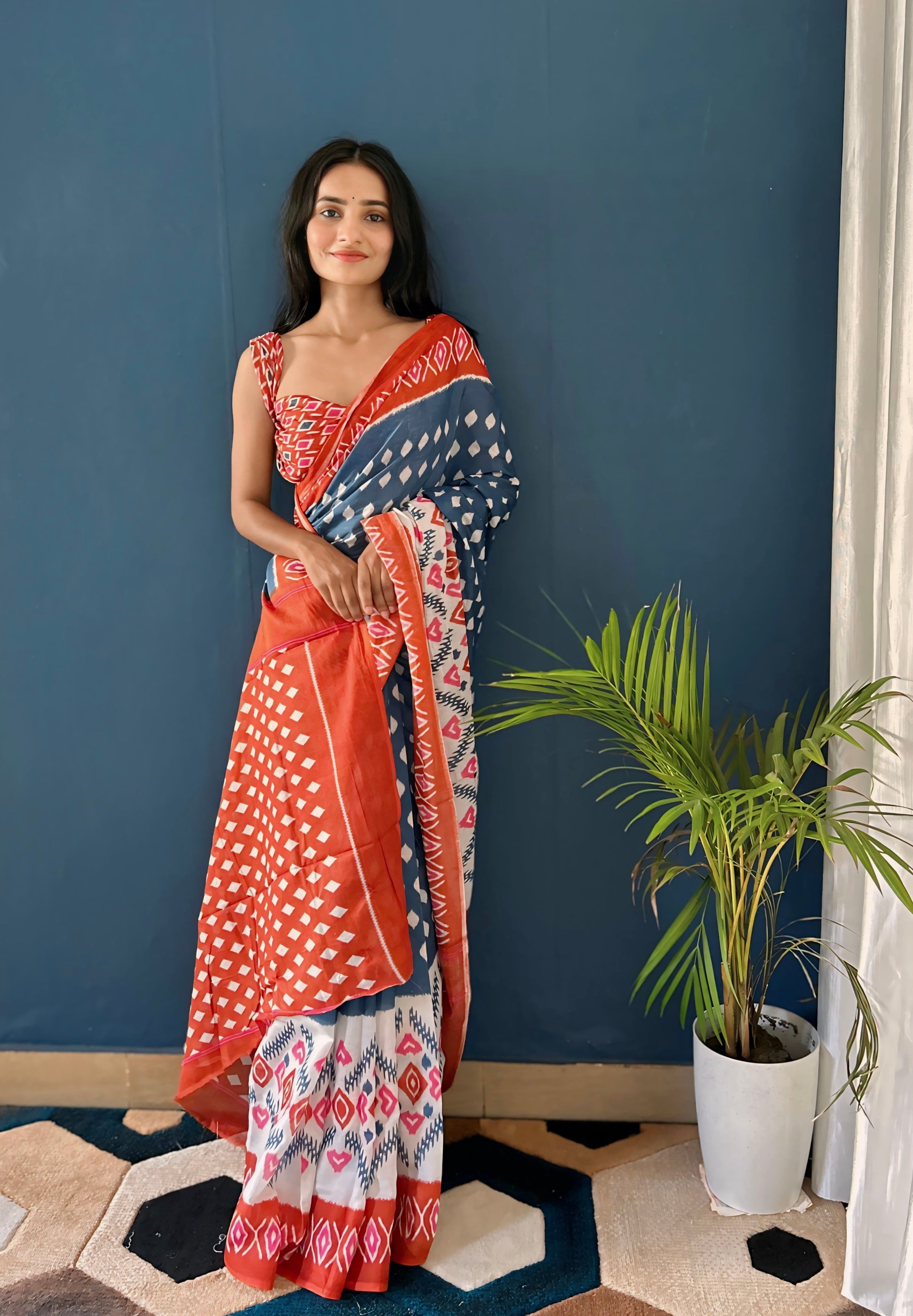 Beautiful Printed Soft Pure Cotton Saree With Unstitched Blouse.