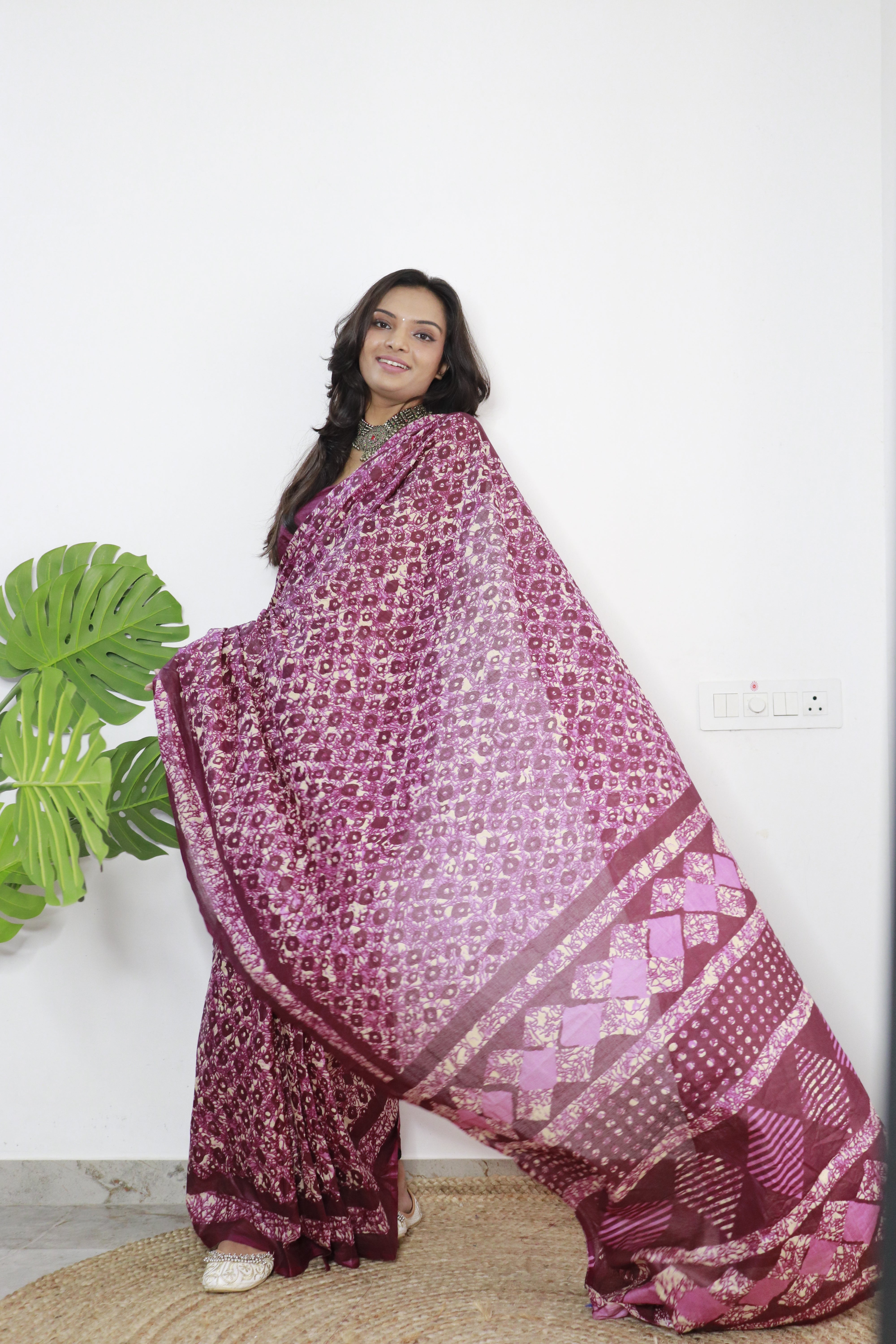 Maroon Printed 100% Soft Pure Cotton Saree With Unstitched Blouse.