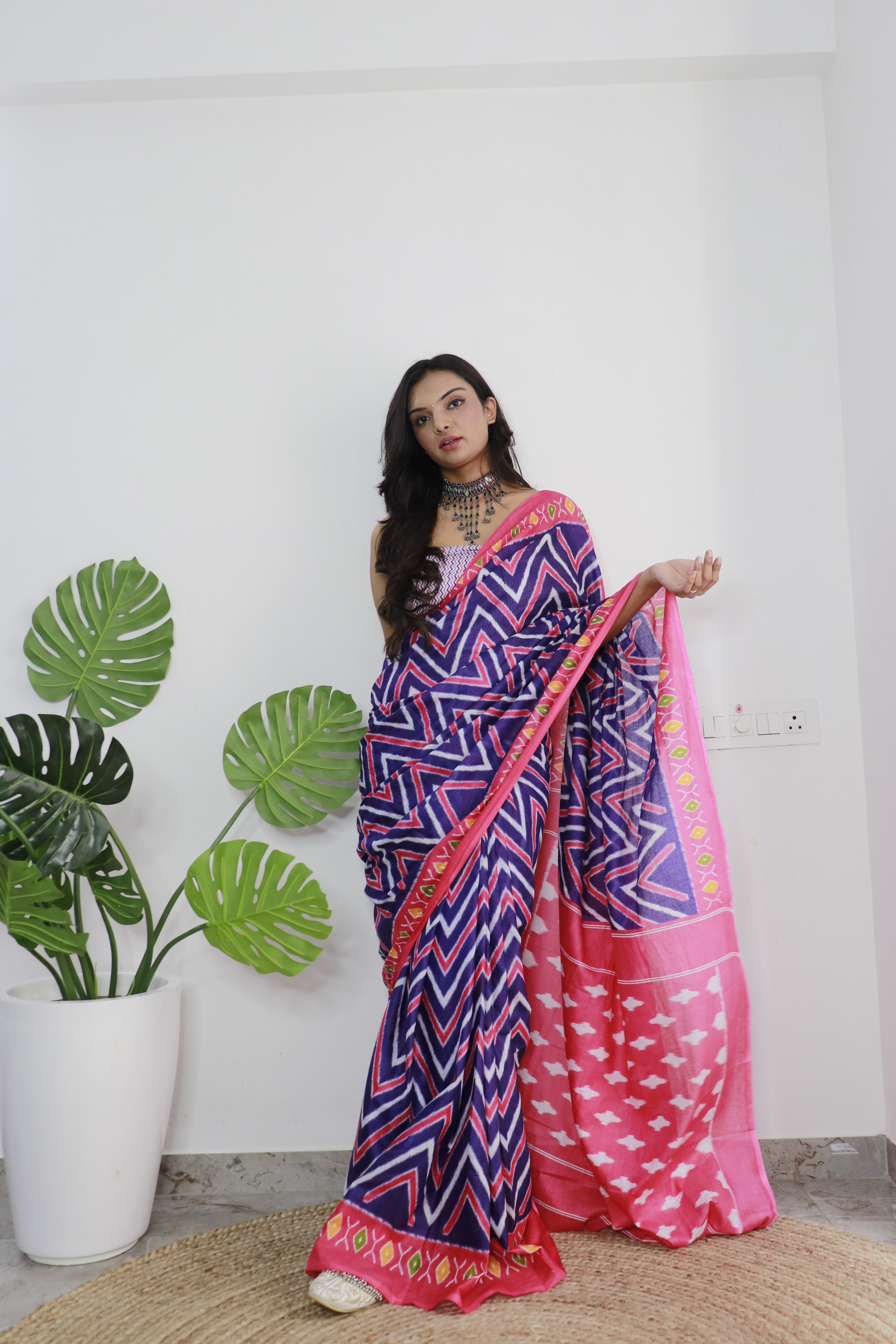 Purple Printed 100% Soft Pure Cotton Saree With Unstitched Blouse.