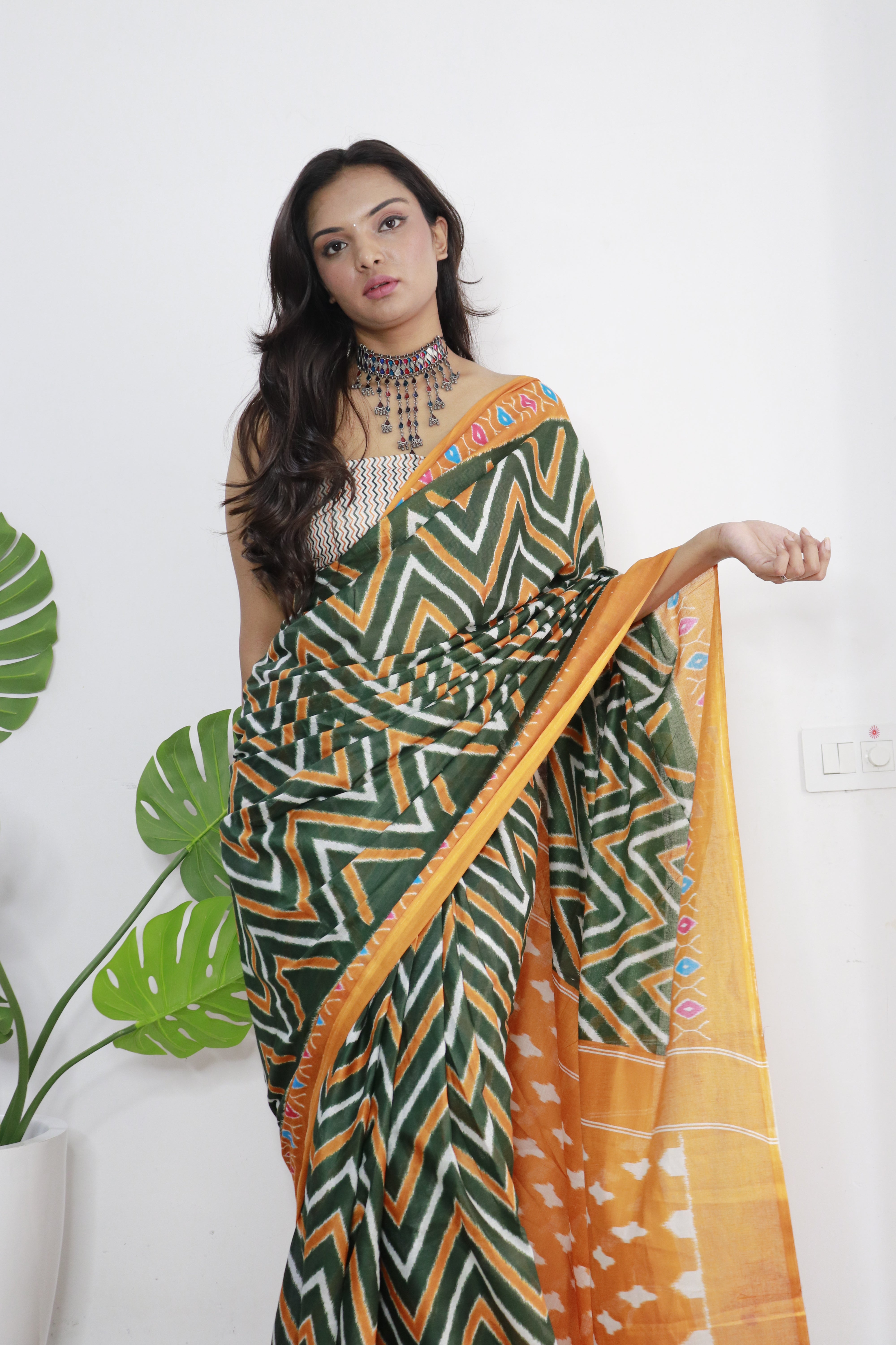 Orange Printed 100% Soft Pure Cotton Saree With Unstitched Blouse.