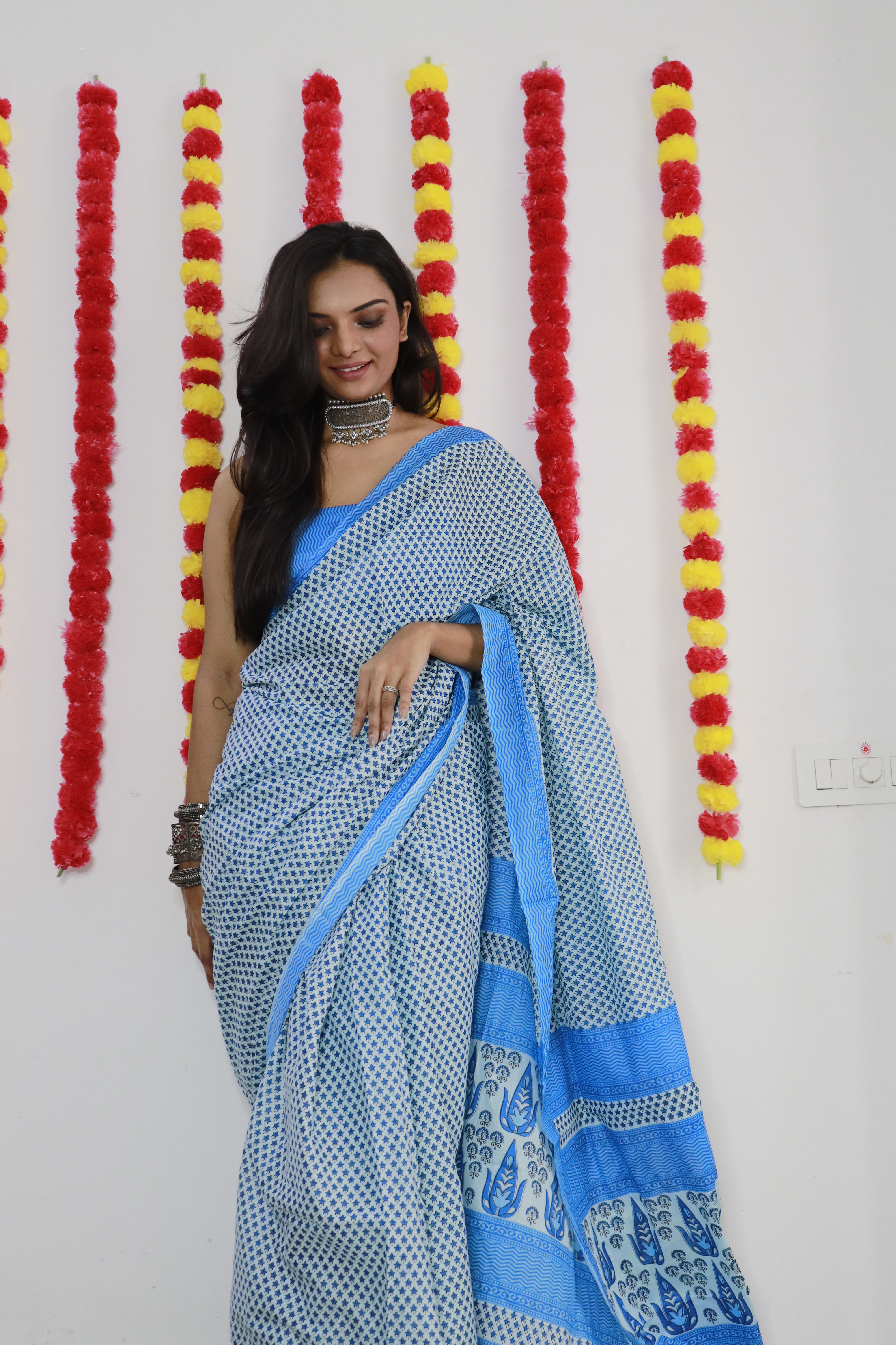 Printed Soft Pure Cotton Saree With Unstitched Blouse.