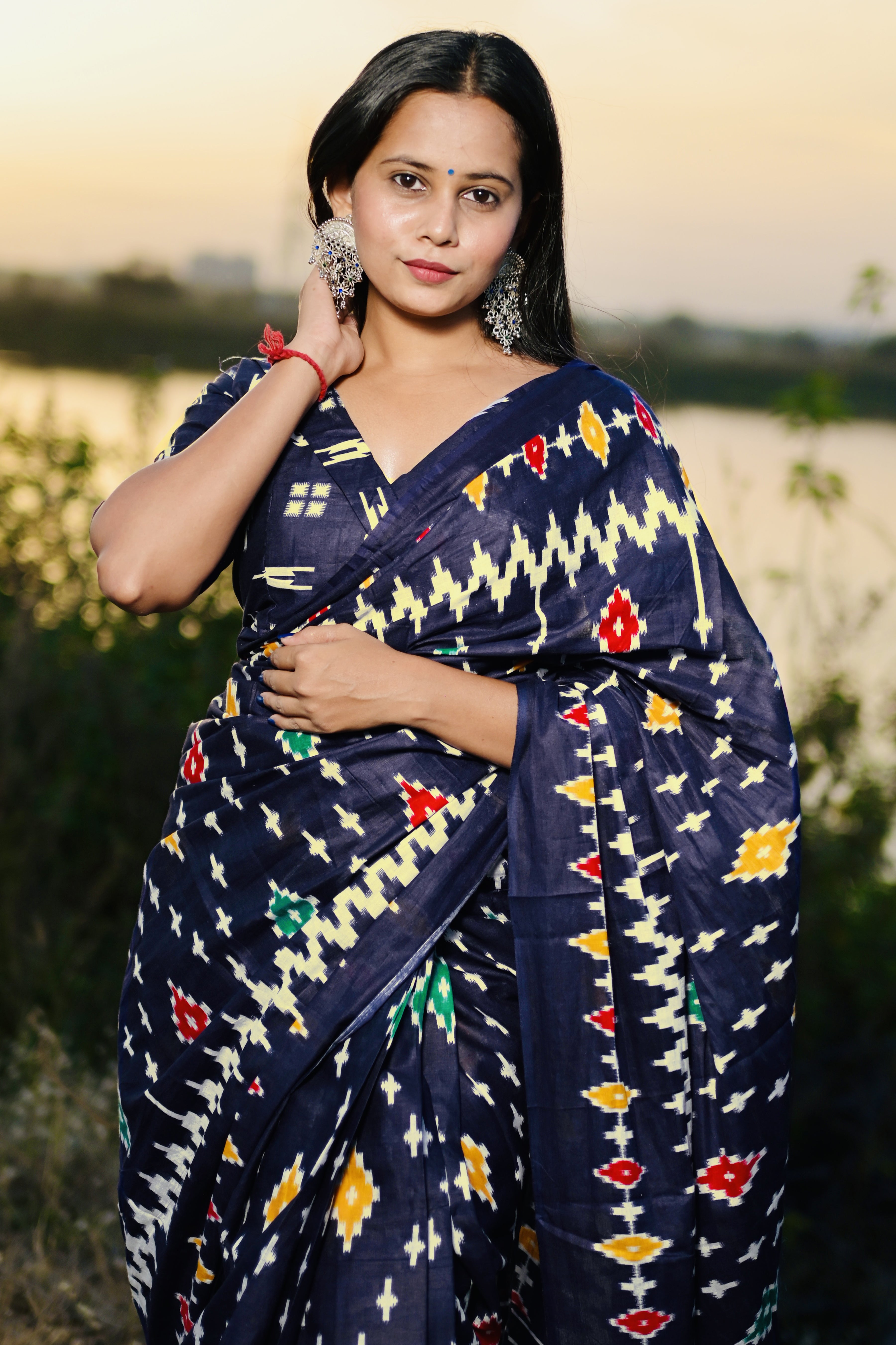 Ready To Wear Blue Printed 100% Soft Pure Cotton Saree With Unstitched Blouse.