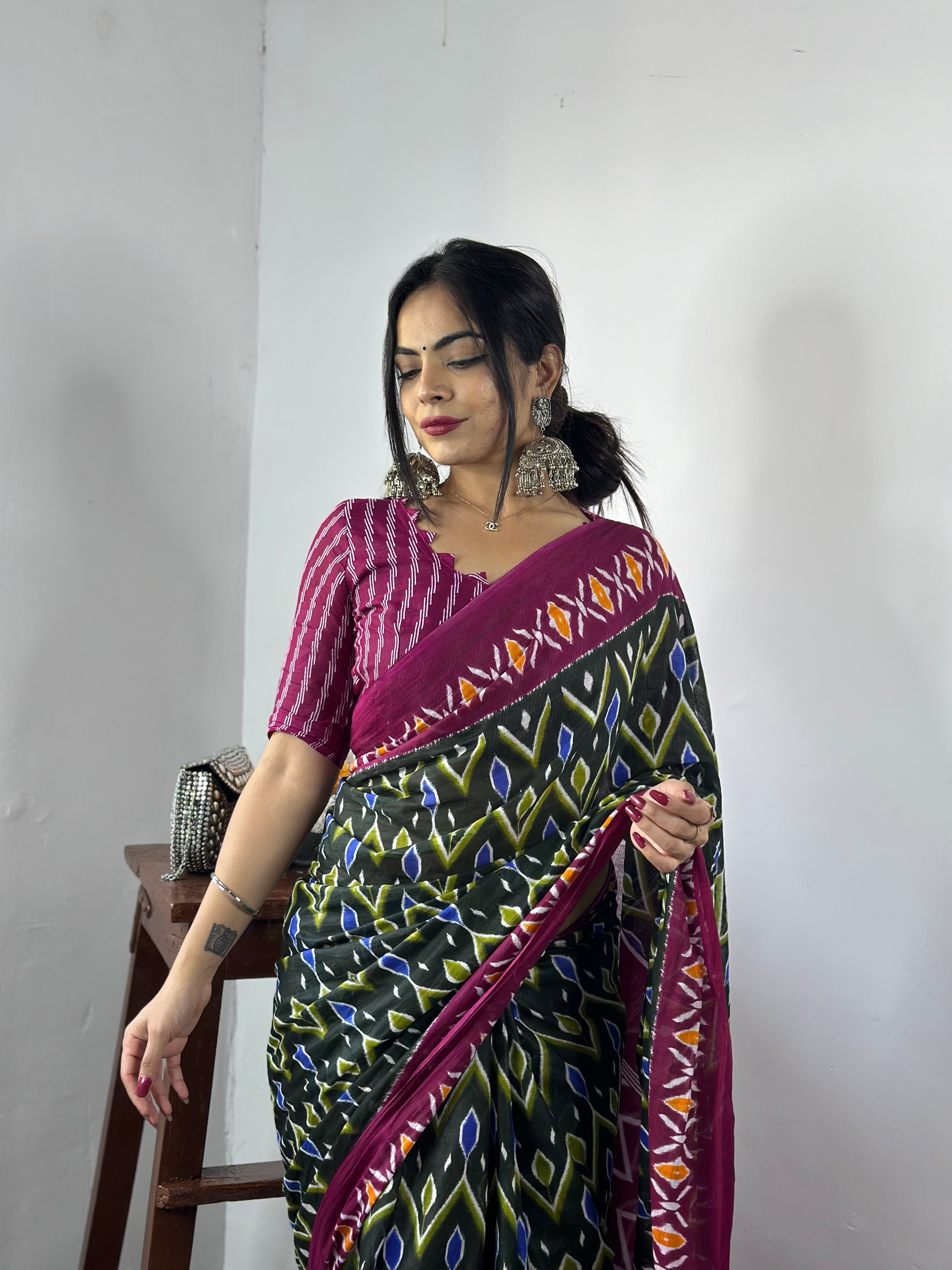 Beautiful Printed Soft Pure Cotton Saree With Unstitched Blouse.