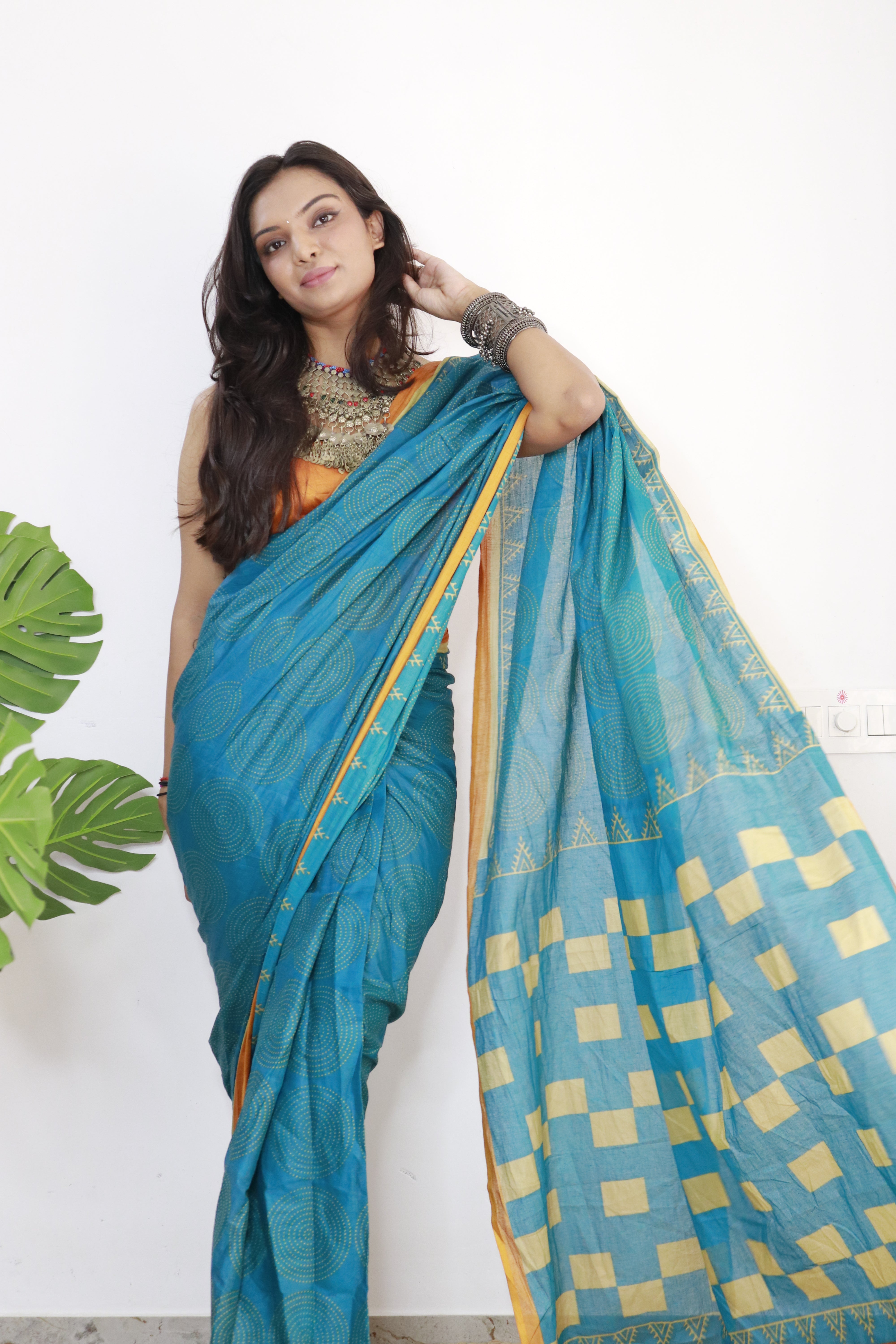 Rama Printed 100% Soft Pure Cotton Saree With Unstitched Blouse.