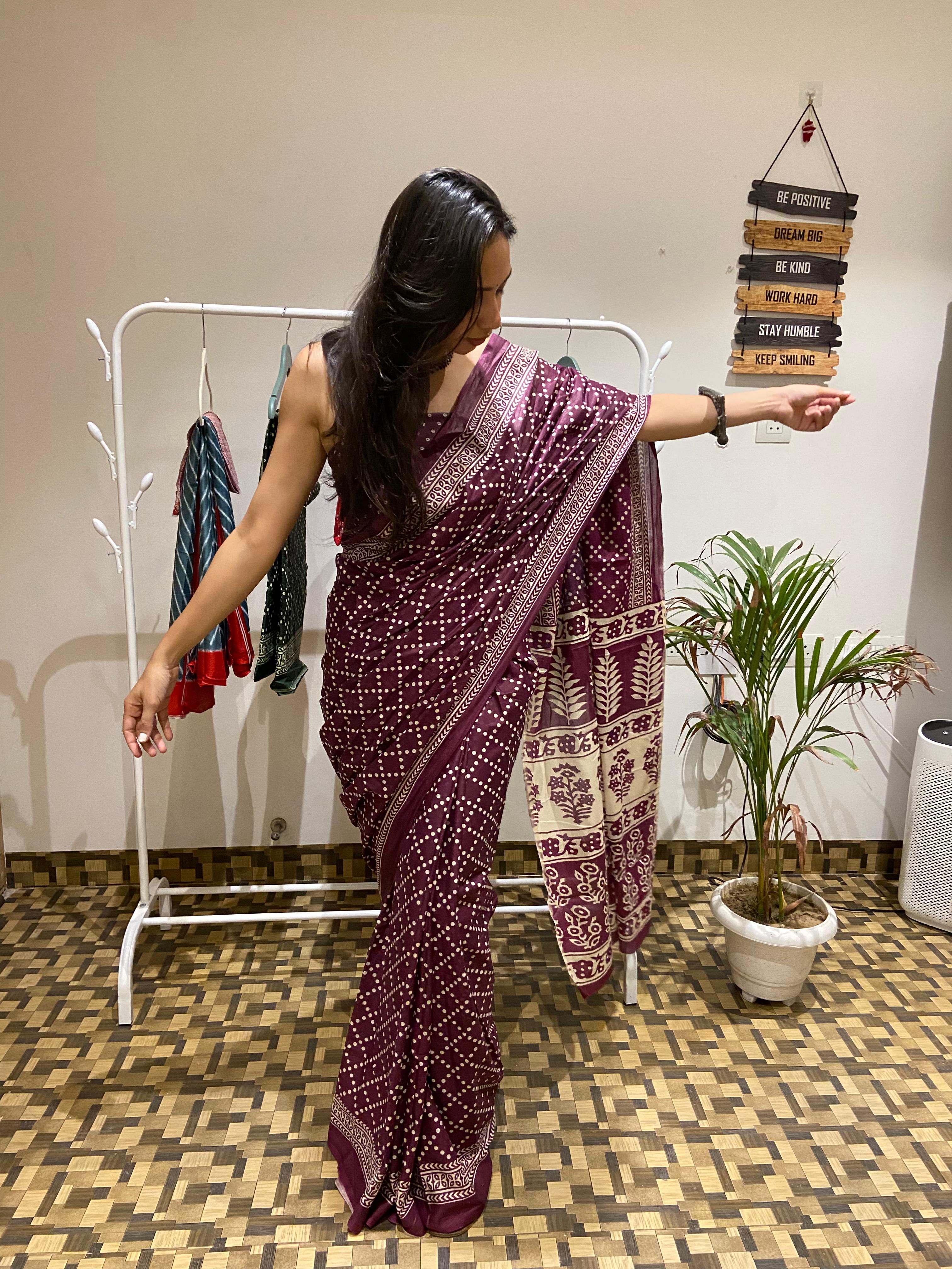 Maroon Printed 100% Soft Pure Cotton Saree With Unstitched Blouse.