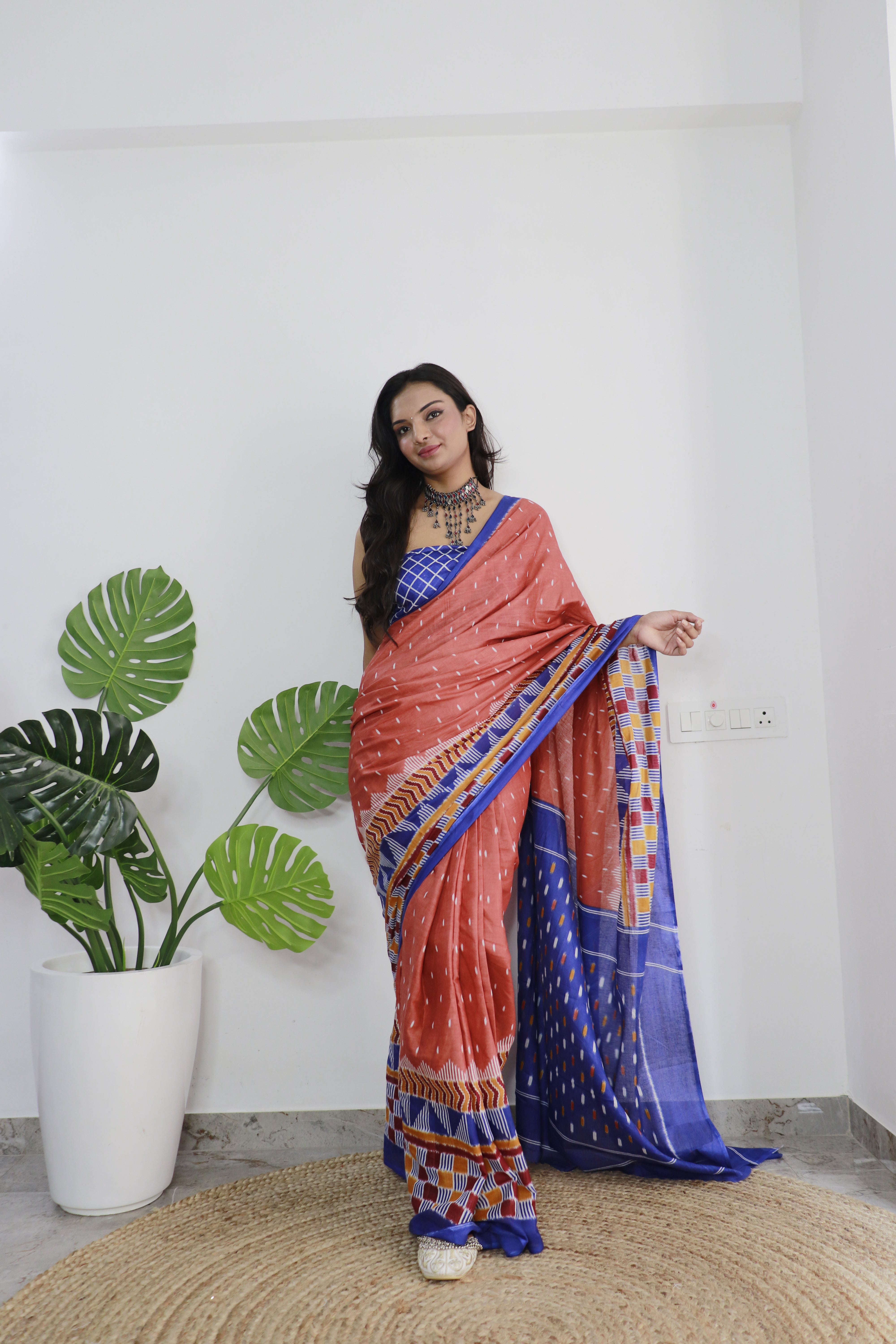 Blue Printed 100% Soft Pure Cotton Saree With Unstitched Blouse.