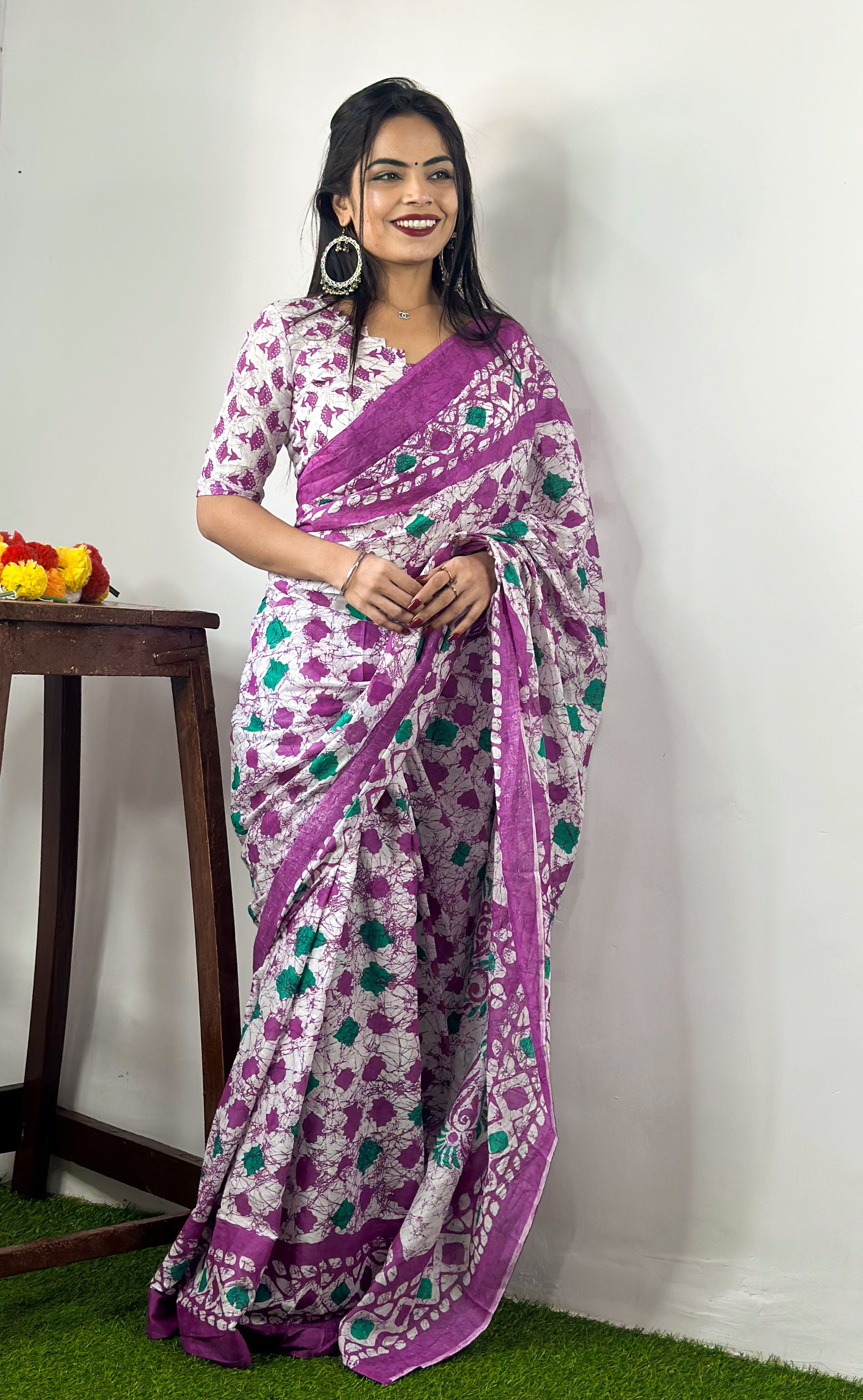 Beautiful Printed Soft Pure Cotton Saree With Unstitched Blouse.