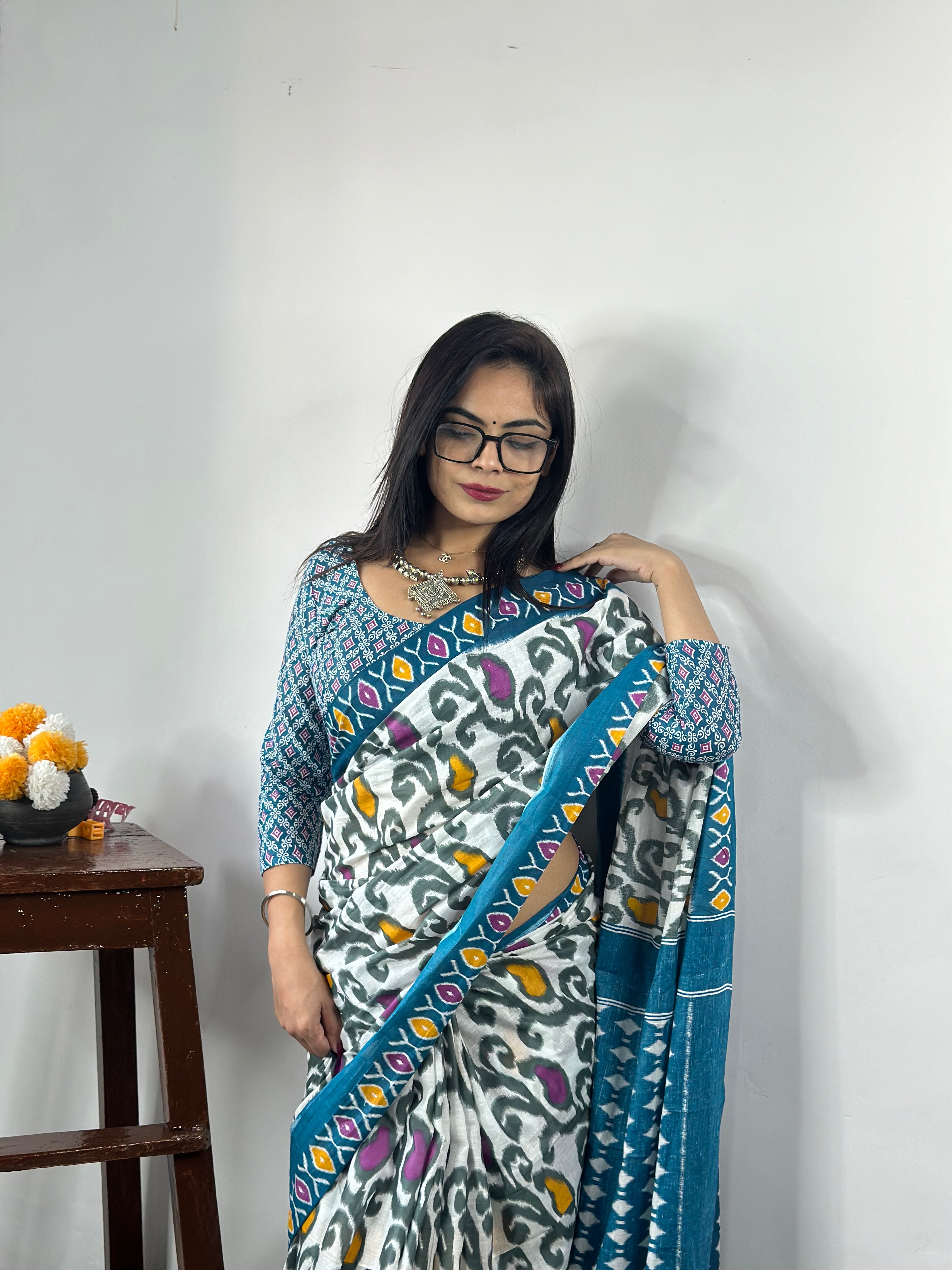 Beautiful Printed Soft Pure Cotton Saree With Unstitched Blouse.