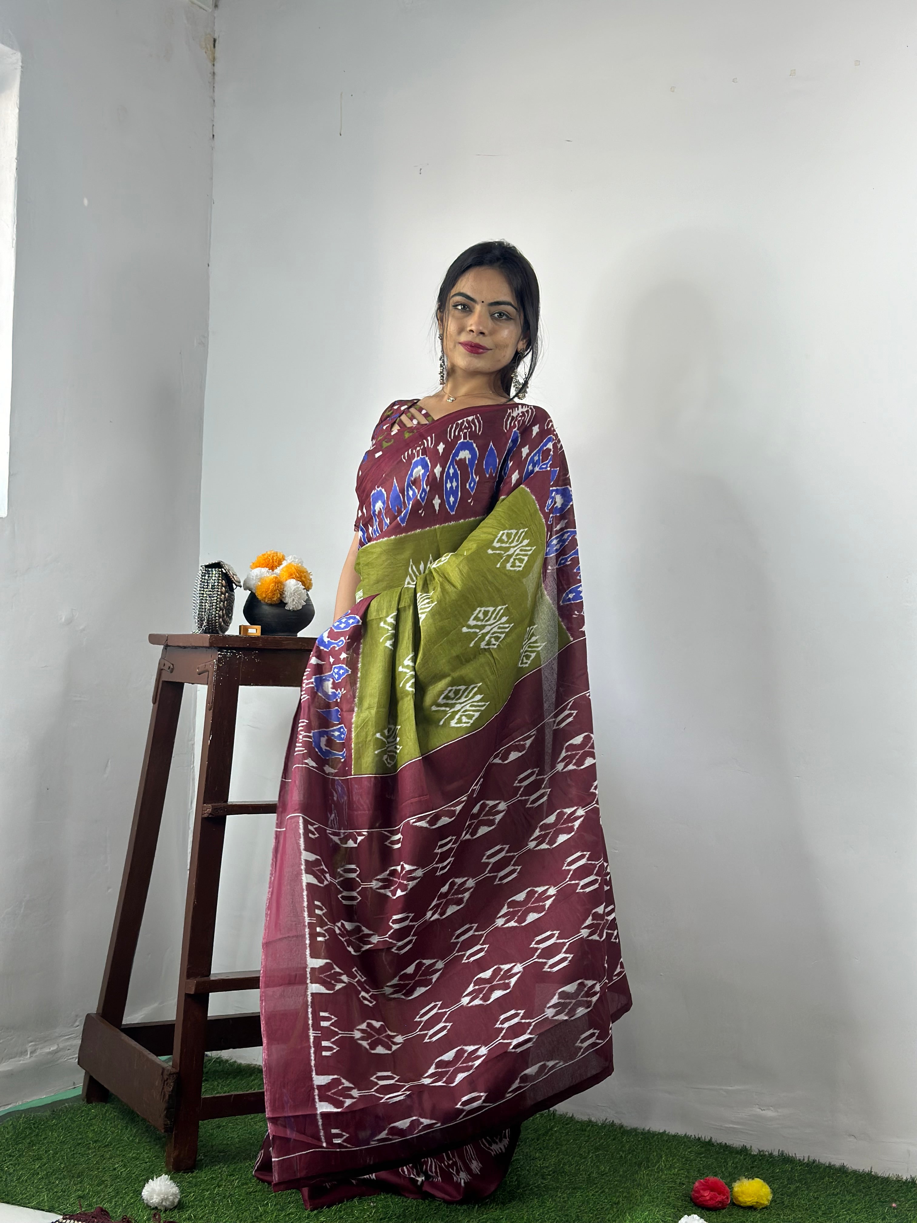 Beautiful Printed Soft Pure Cotton Saree With Unstitched Blouse.