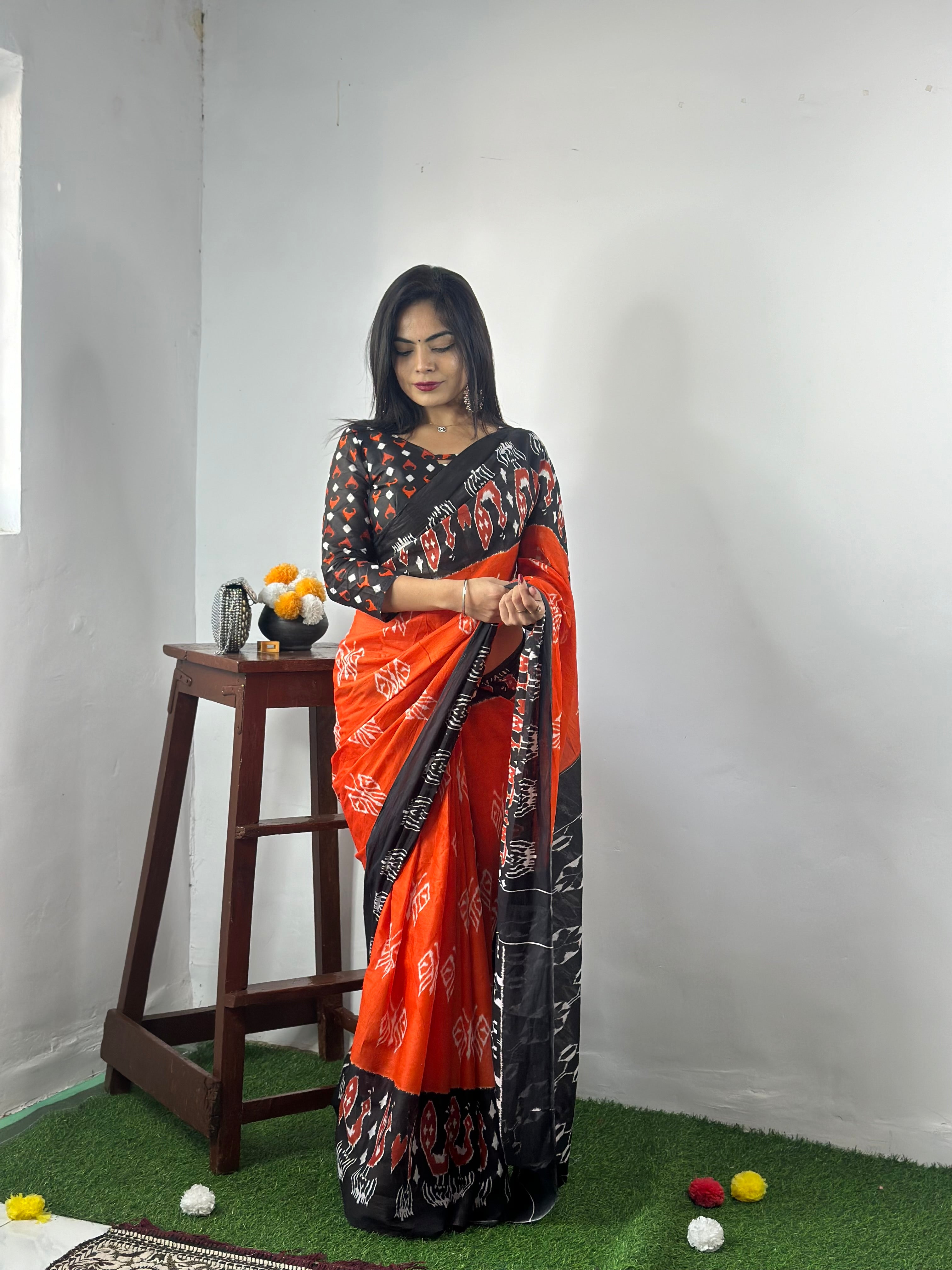 Beautiful Printed Soft Pure Cotton Saree With Unstitched Blouse.