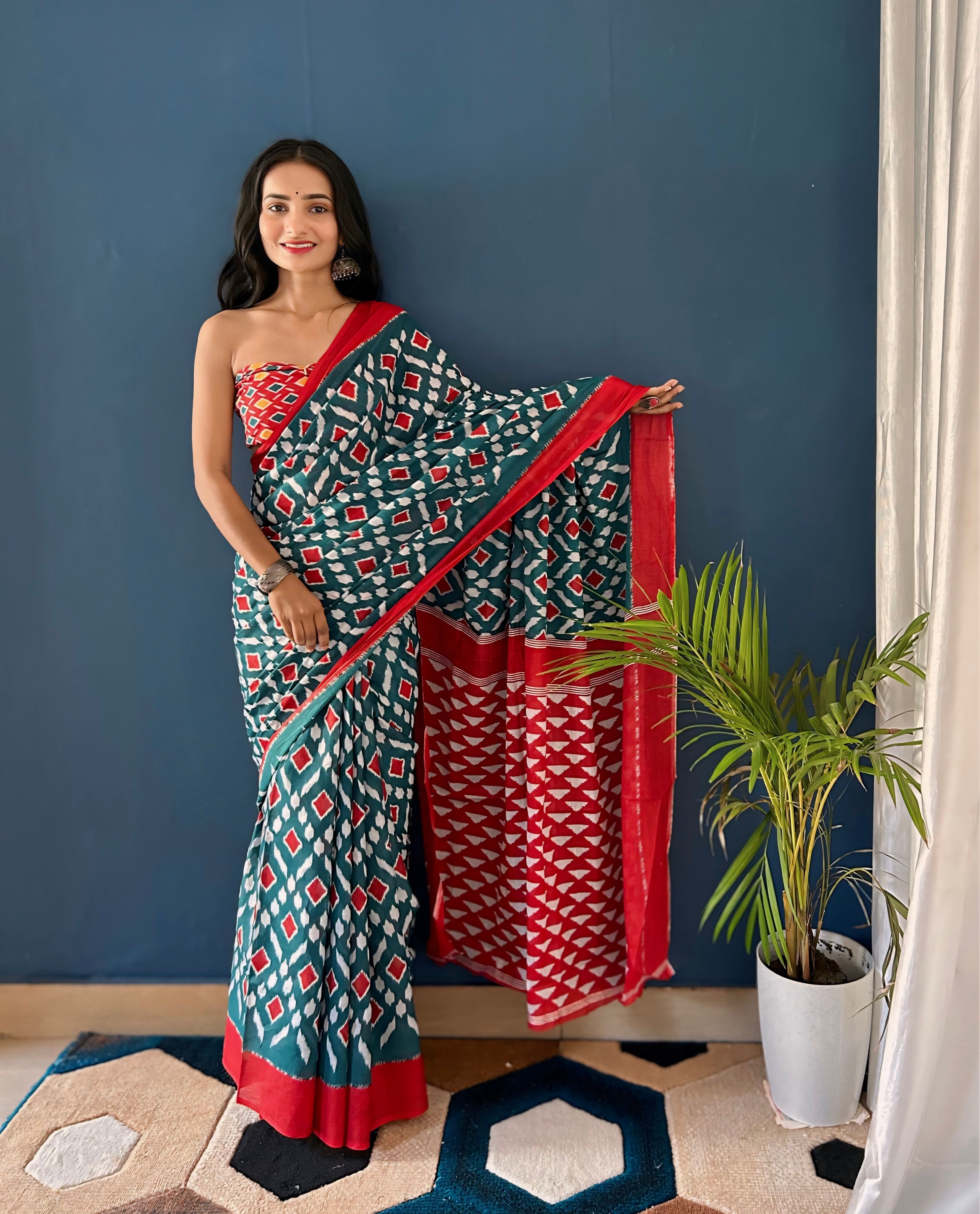 Beautiful Printed Soft Pure Cotton Saree With Unstitched Blouse.