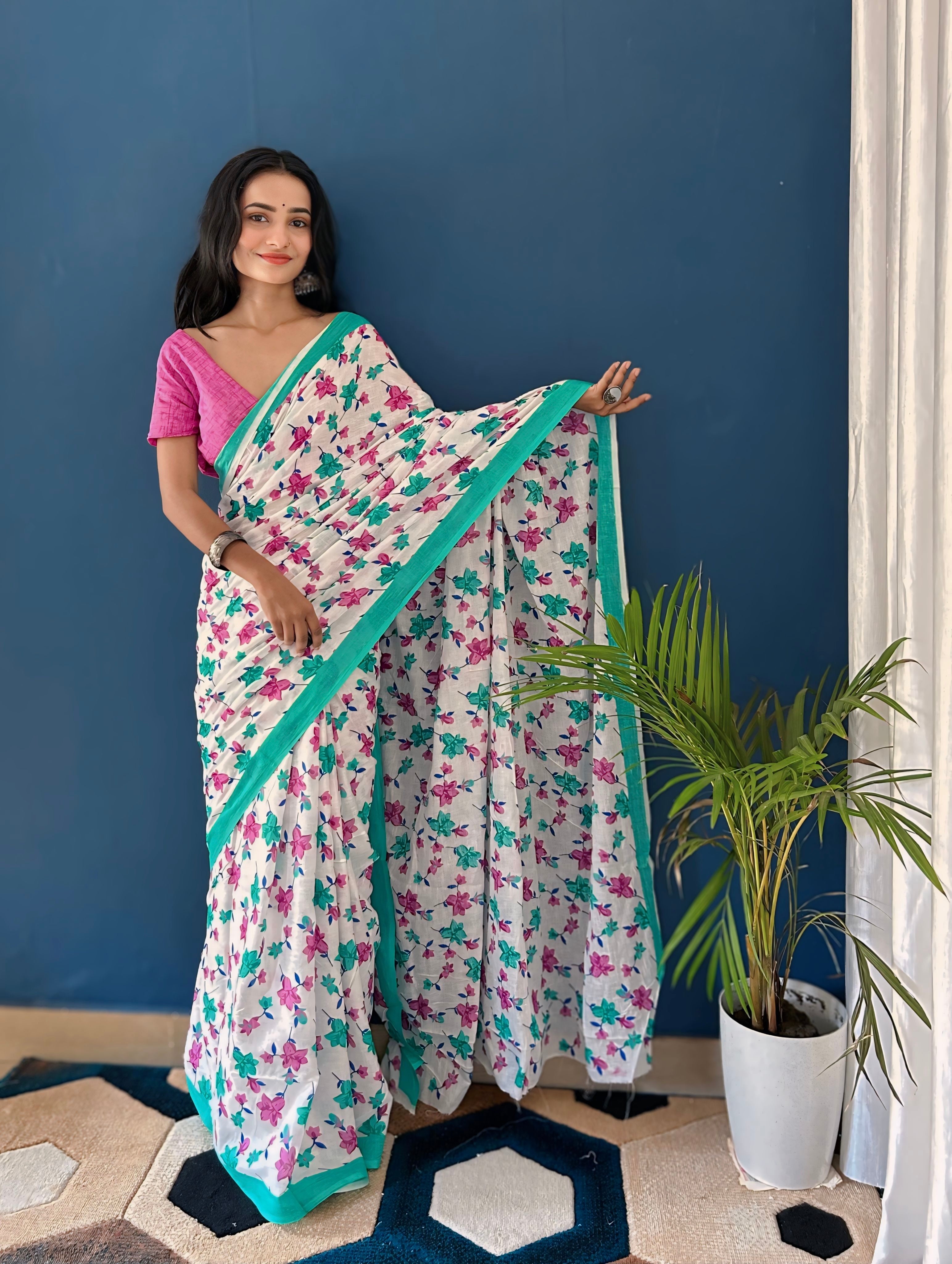 Beautiful Printed Soft Pure Cotton Saree With Unstitched Blouse.