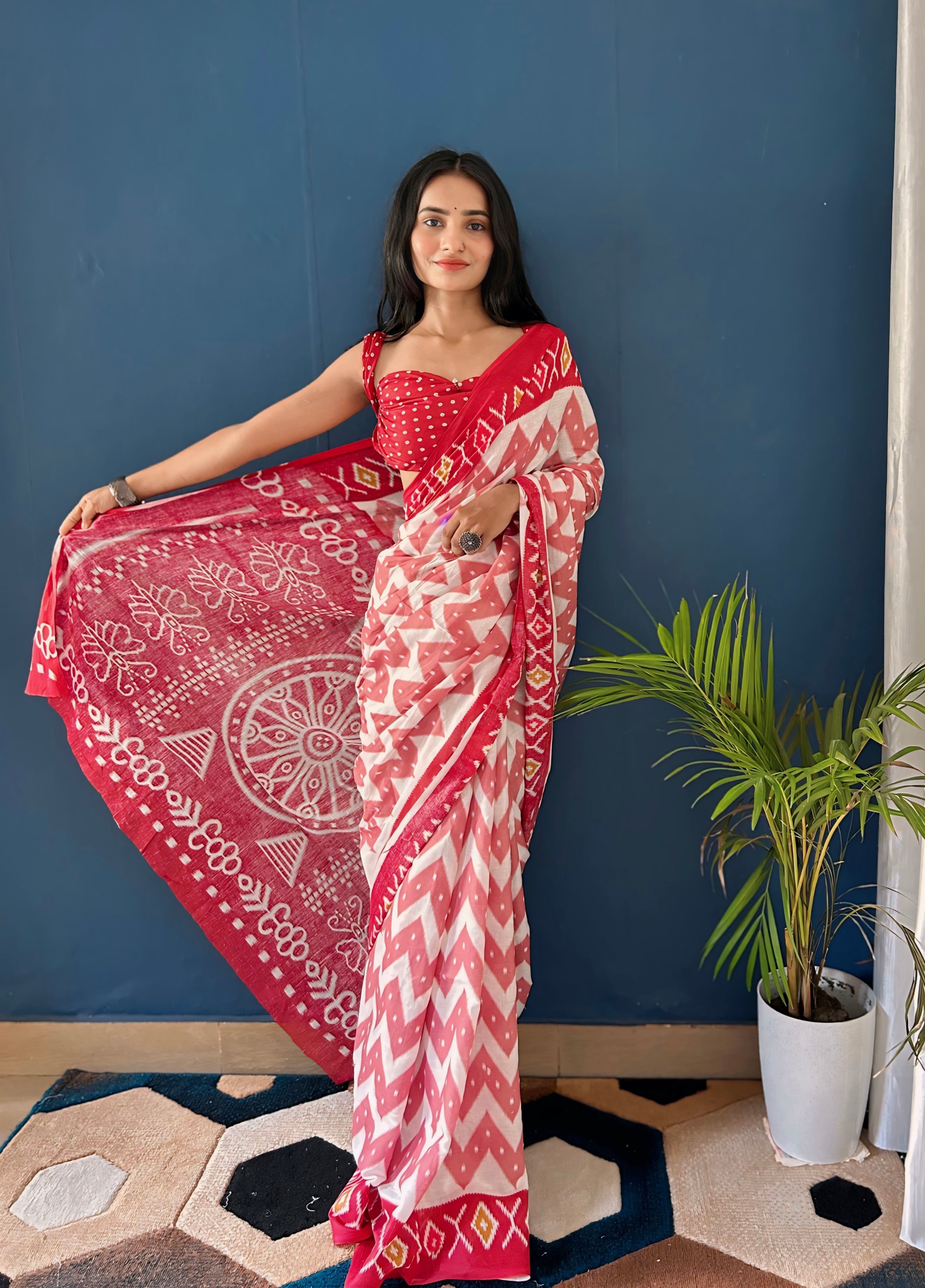 Beautiful Printed Soft Pure Cotton Saree With Unstitched Blouse.