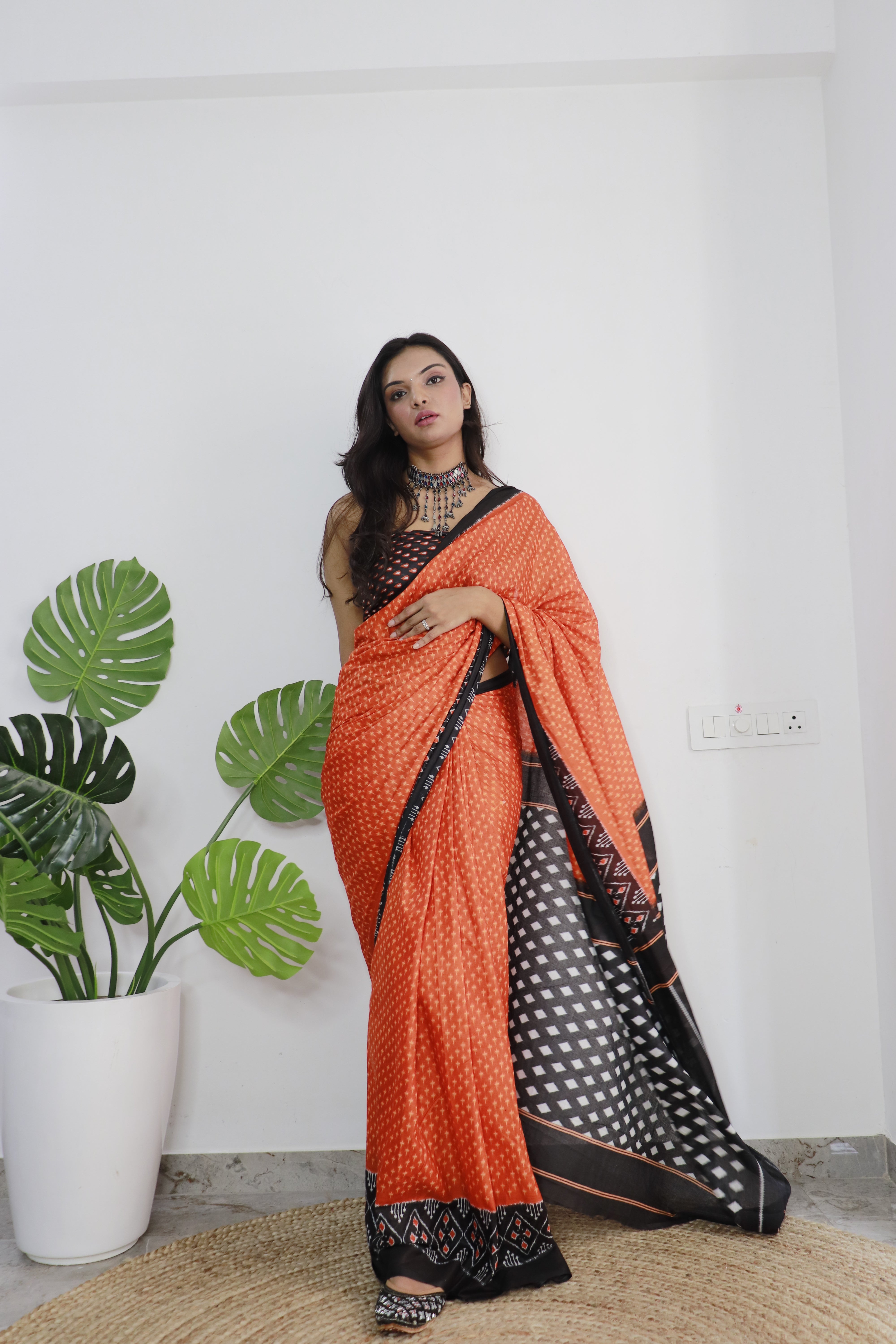 Orange Printed 100% Soft Pure Cotton Saree With Unstitched Blouse.