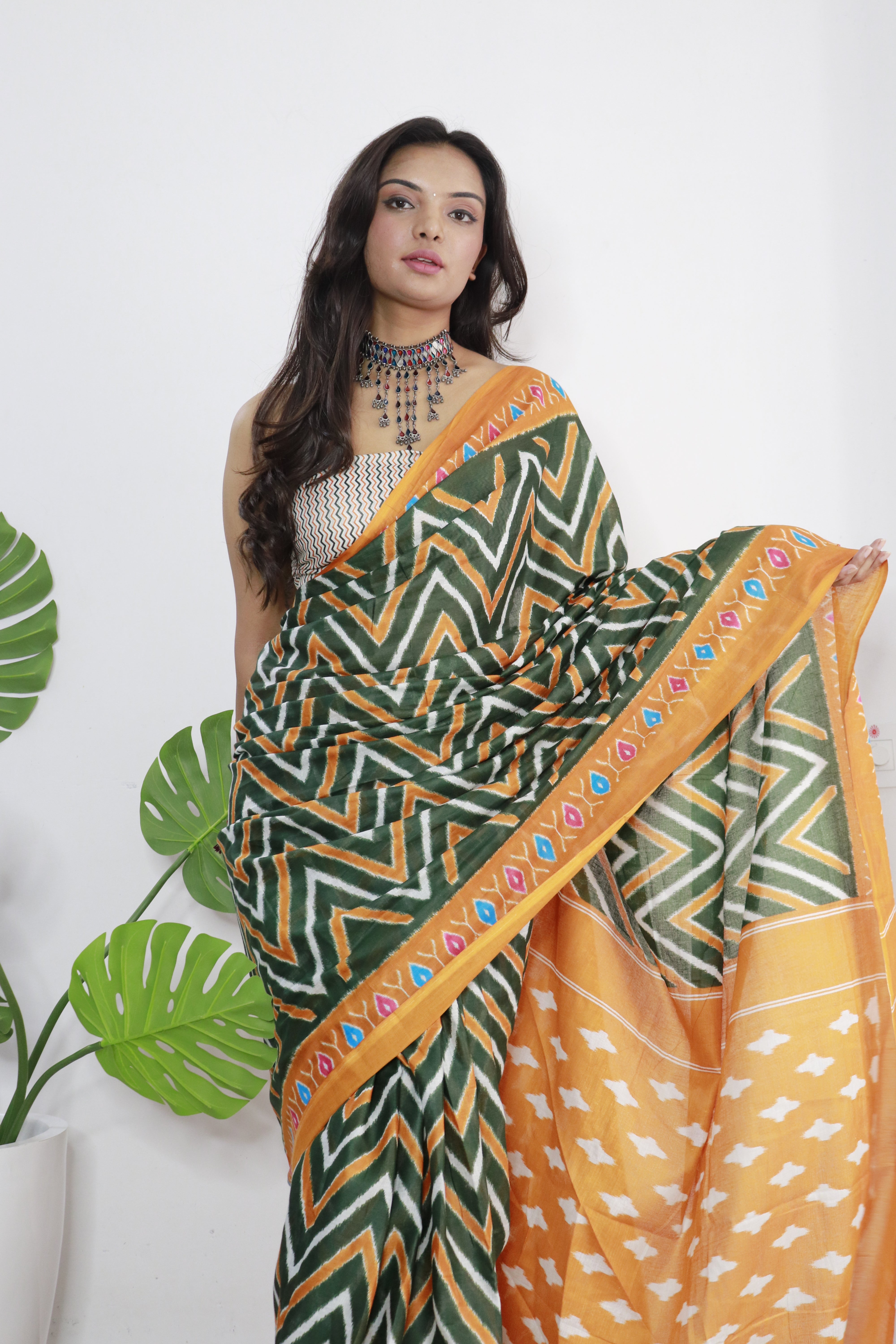 Orange Printed 100% Soft Pure Cotton Saree With Unstitched Blouse.