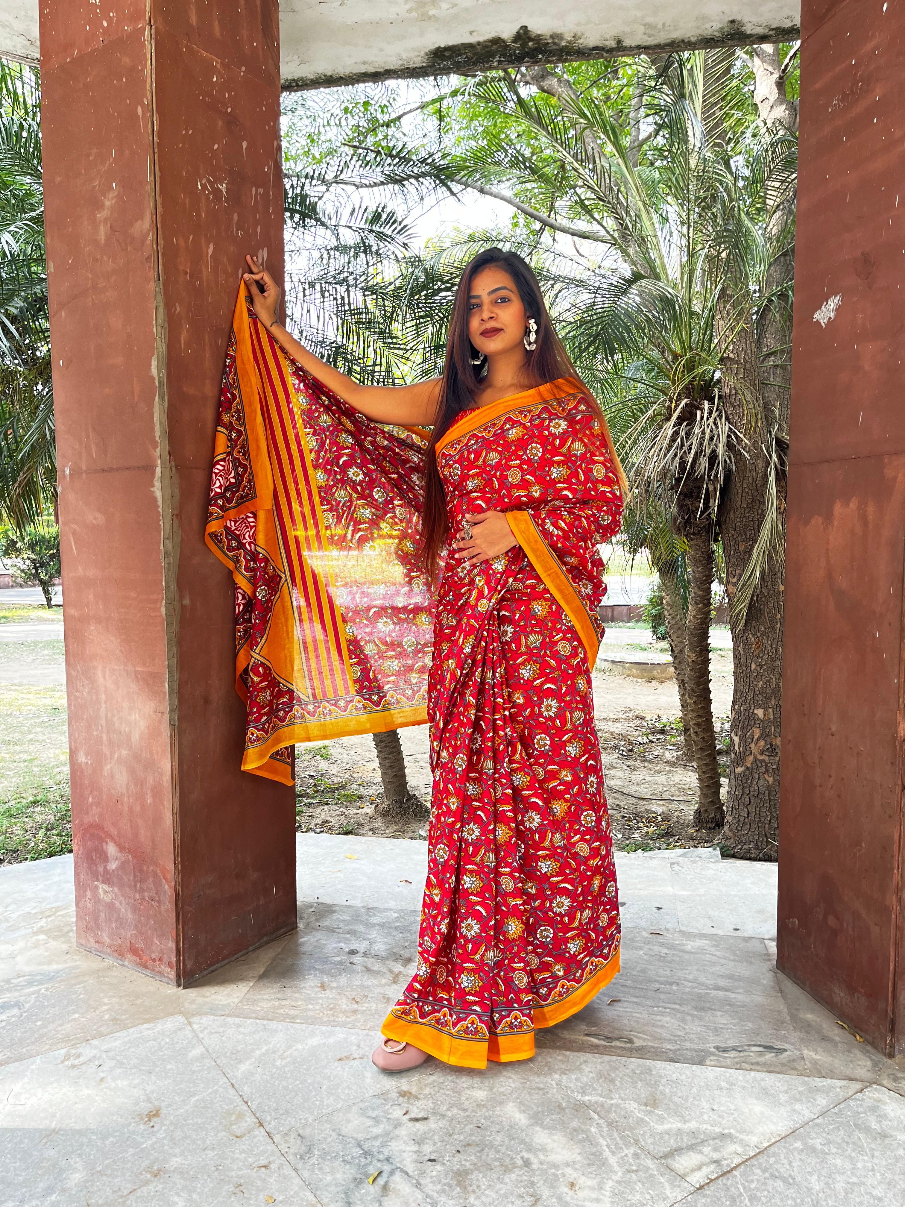 Printed Soft Pure Cotton Saree With Unstitched Blouse.