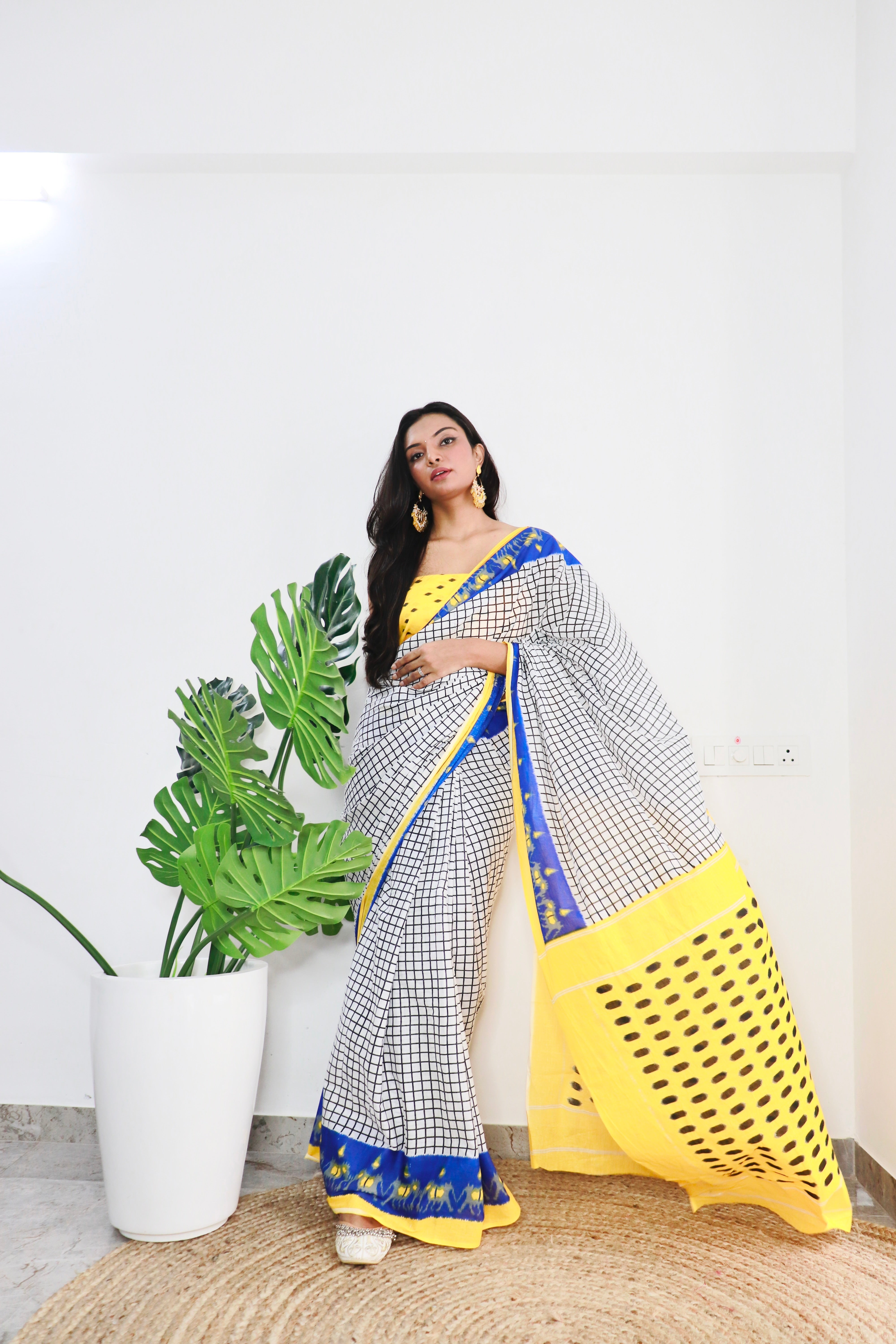 Yellow Printed 100% Soft Pure Cotton Saree With Unstitched Blouse.