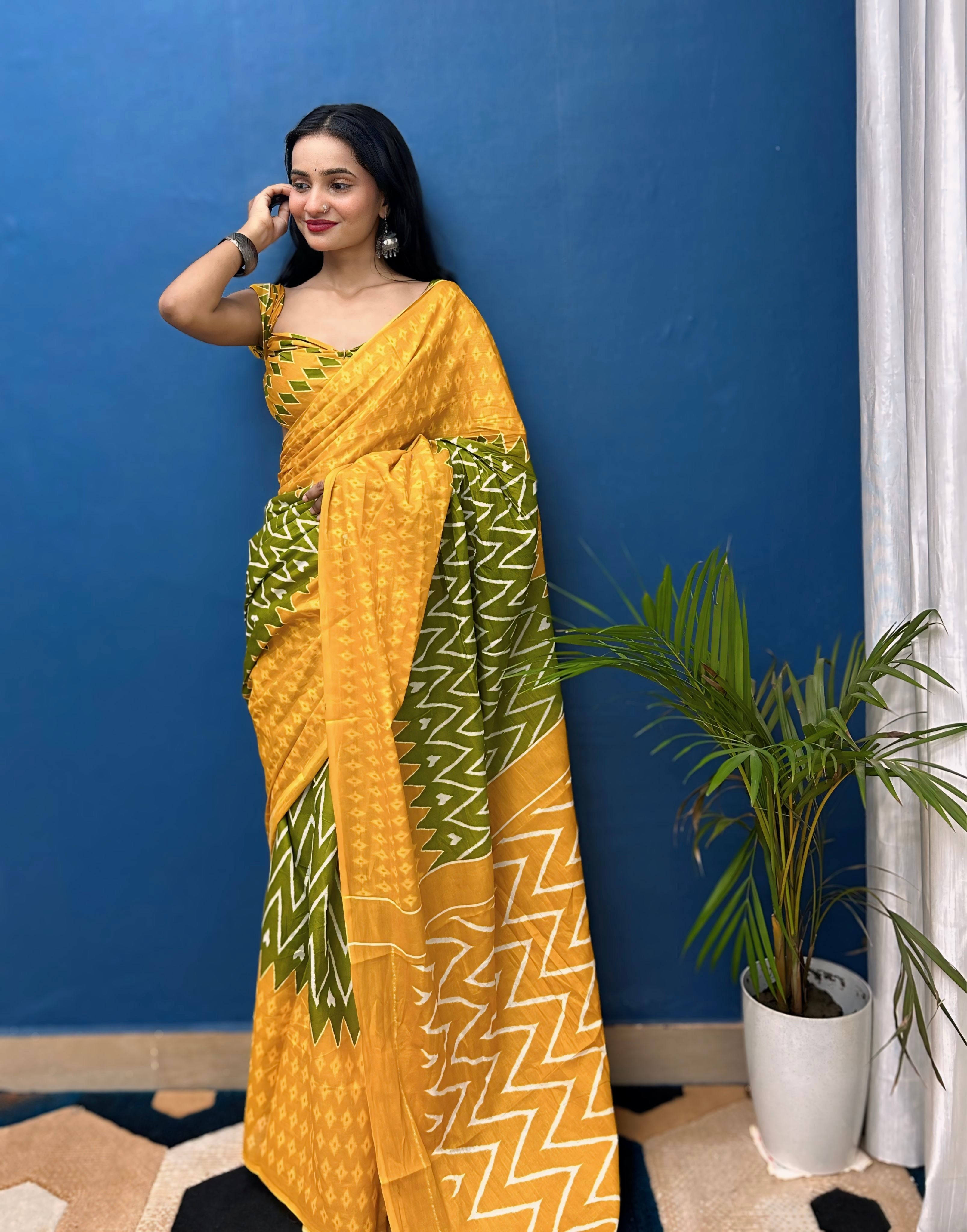 Beautiful Printed Soft Pure Cotton Saree With Unstitched Blouse.