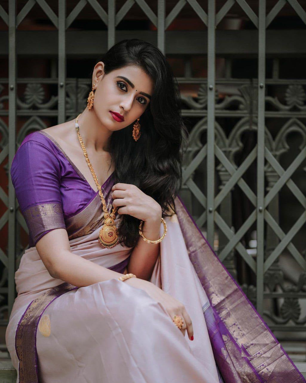 Purple and Light Peach Designer Sajavat Dola Silk Saree