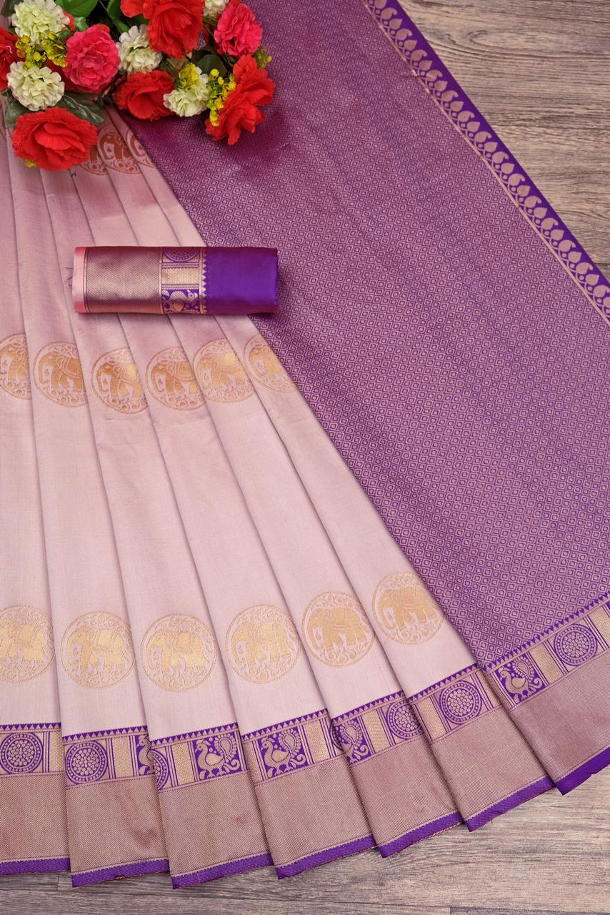 Purple and Light Peach Designer Sajavat Dola Silk Saree