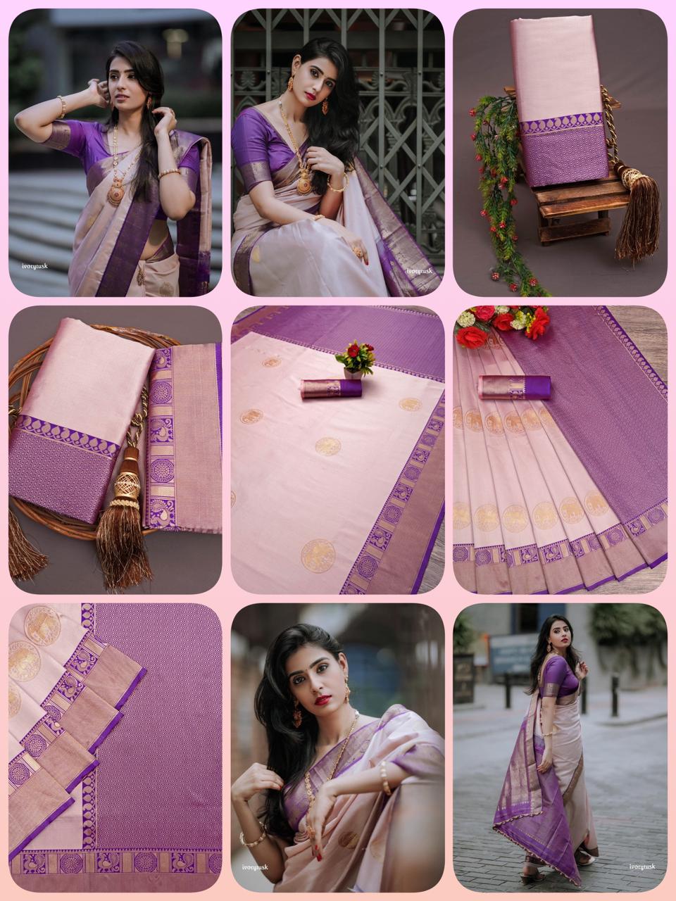 Purple and Light Peach Designer Sajavat Dola Silk Saree