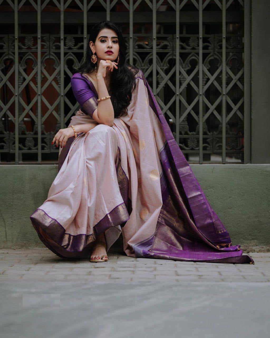 Purple and Light Peach Designer Sajavat Dola Silk Saree