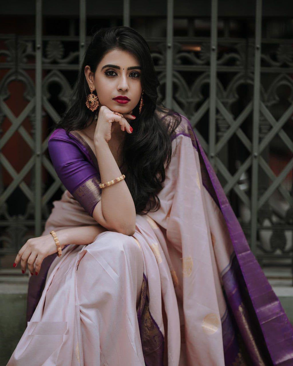 Purple and Light Peach Designer Sajavat Dola Silk Saree