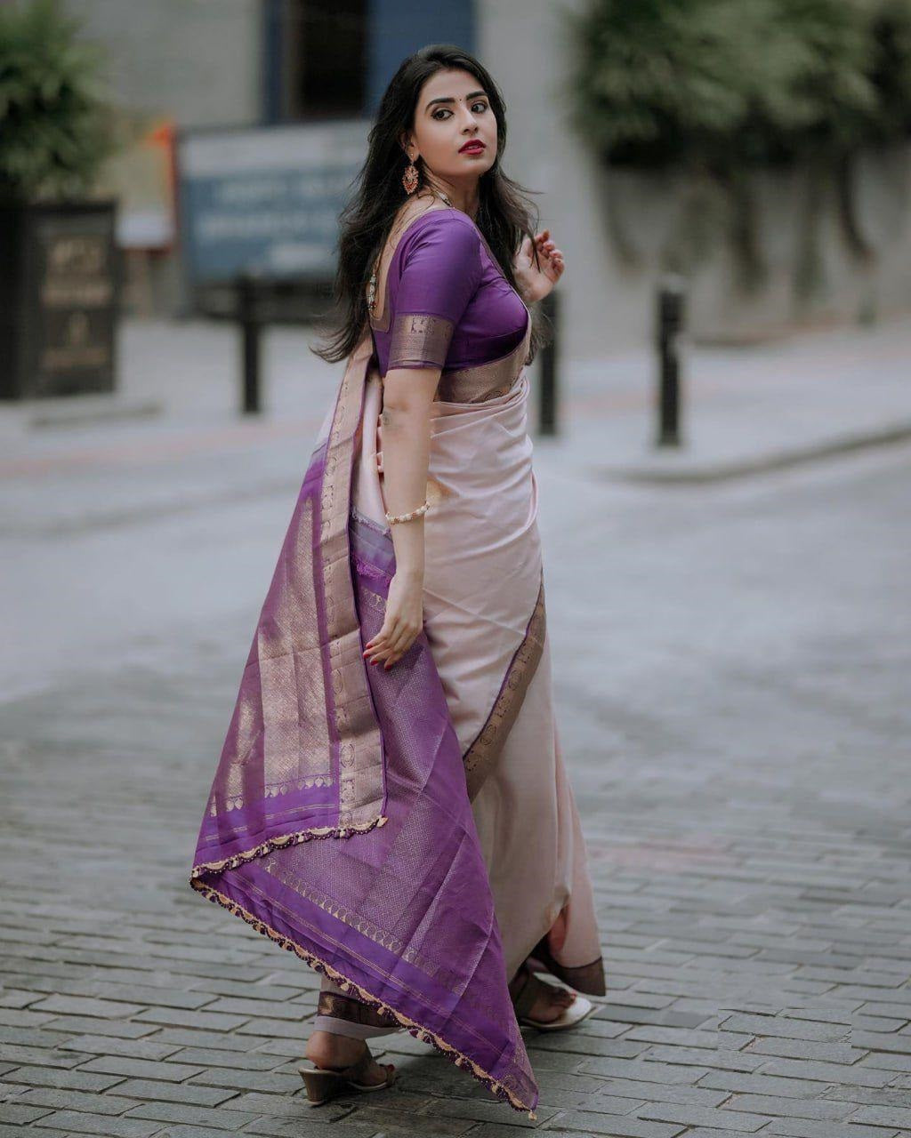 Purple and Light Peach Designer Sajavat Dola Silk Saree